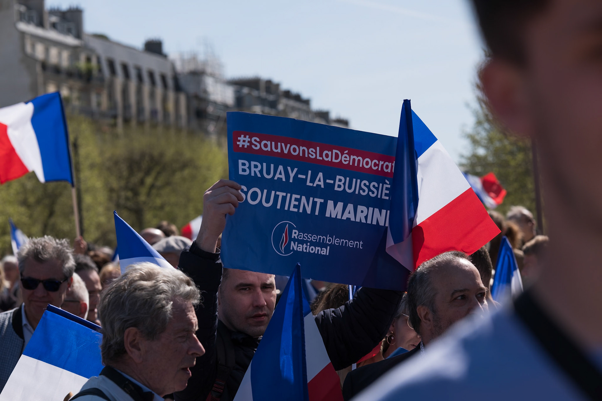 National Rally demonstration, behind the Hotel D'Invalides, in Paris, France, on April 6th 2025. To protest against the sentencing of Marine Le Pen from the french judiciary system. Paris, April 6th, by Maria KALAFATSI