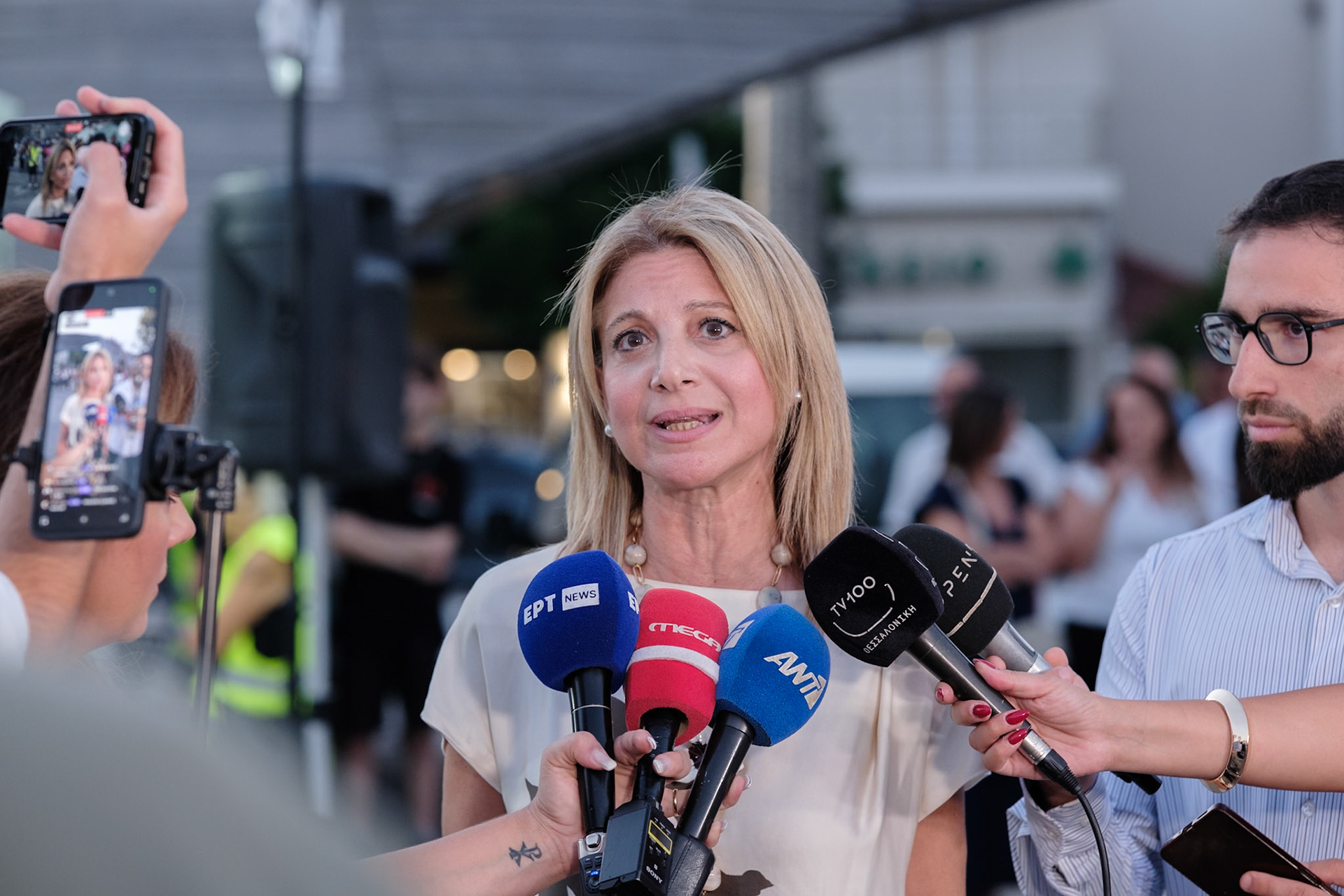 Maria Karistianou, who lost her daughter, talking to the media before the event dedicated to the victims of the train wreckage of Tempi 2023. Organised by local ngo Kialli of Thermi & supported by the local community. Thermi, Thessaloniki, Greece, 10.09.2025 by Maria Kalafatsi