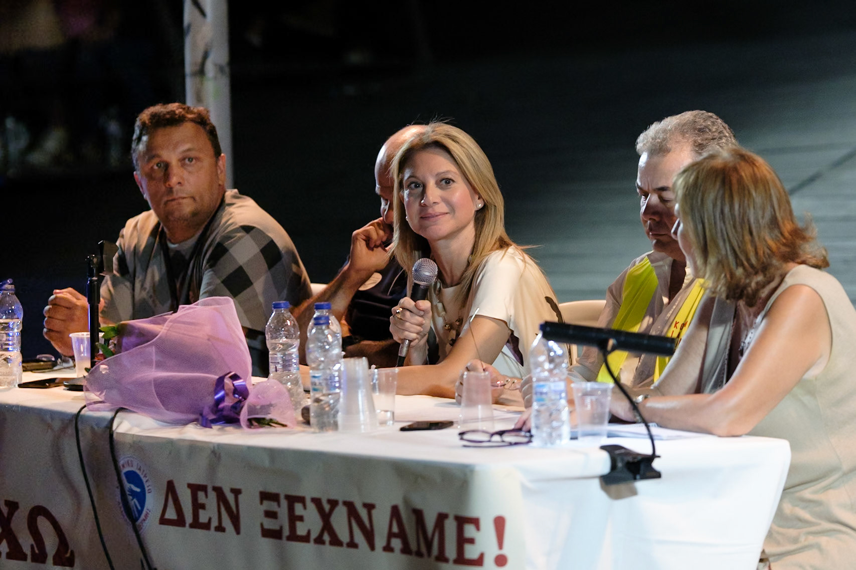 Maria Karistianou, listening to the crowd reply to the question that was asked to her. Event dedicated to the victims of the train wreckage of Tempi 2023. Organised by local ngo Kialli of Thermi & supported by the local community. Thermi, Thessaloniki, Greece, 10.09.2025 by Maria Kalafatsi