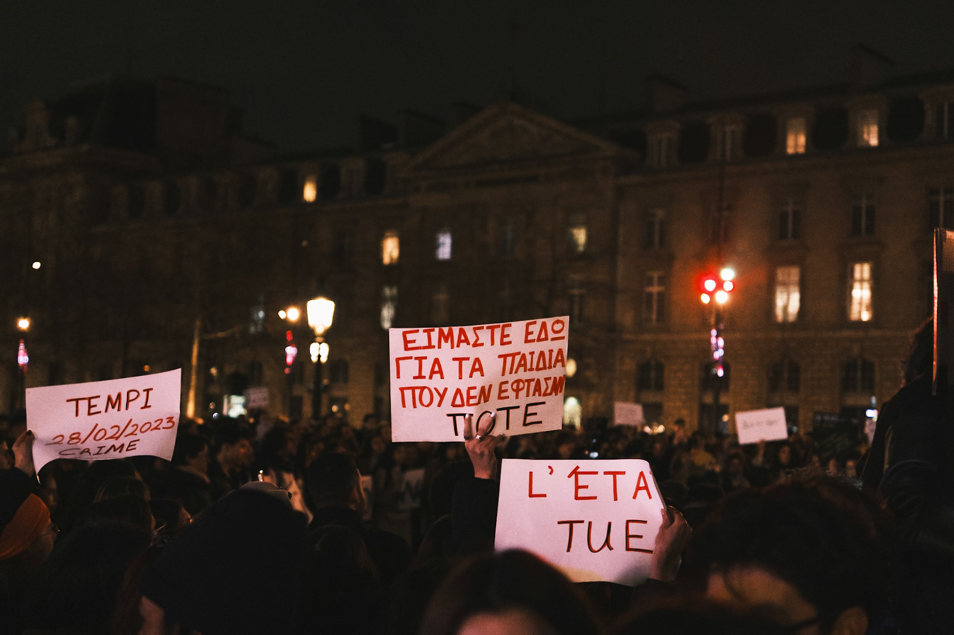 Tempi 2023 Greek Demonstration in Paris, for the 2 year anniversary of the Tempi crime in Greece, a train accident that killed 57 people. In Place de la Republique, Paris, France, February 28th 2025, by Maria KALAFATSI.