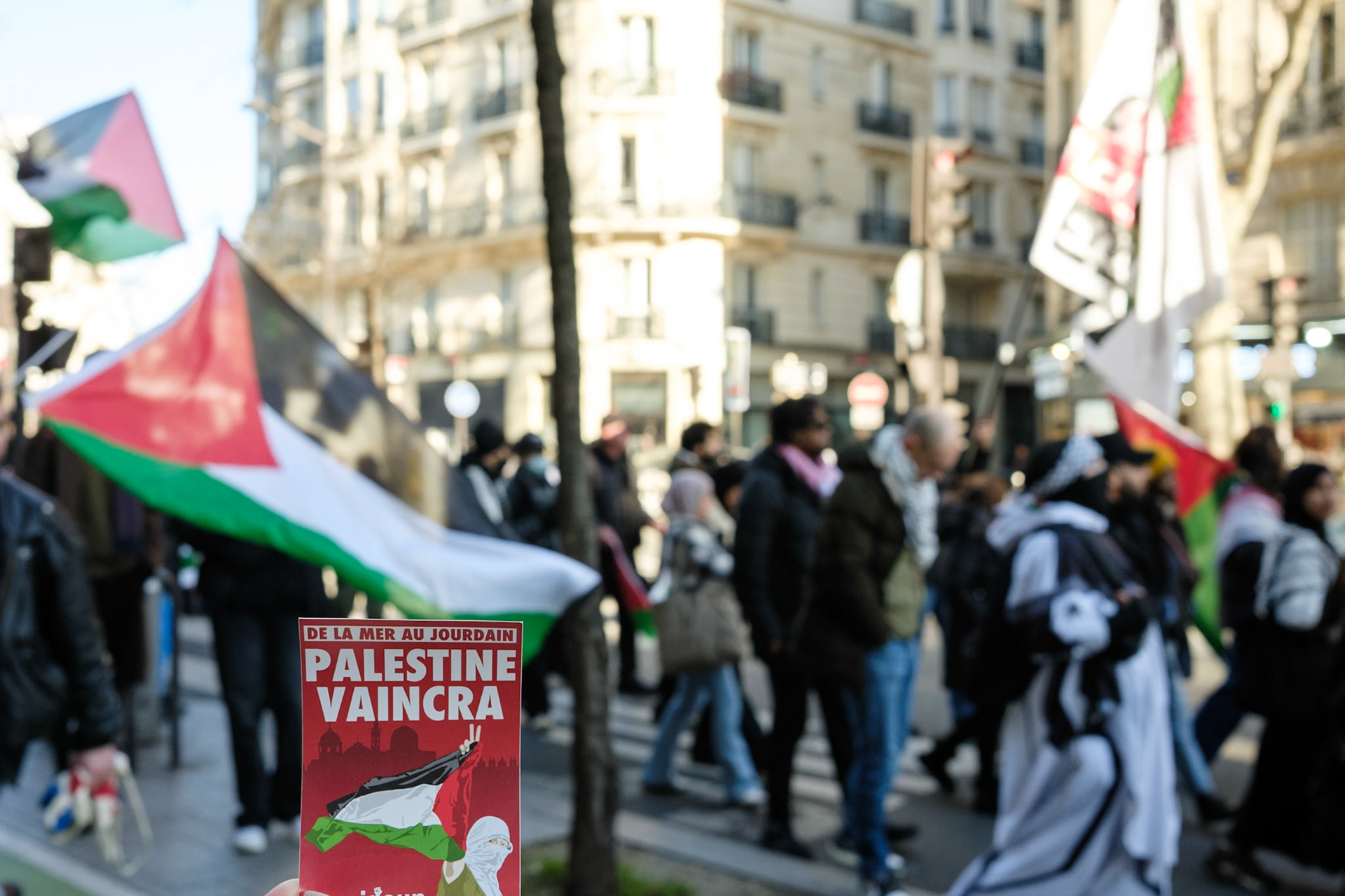 Crowd protesting in favor of the release of George Abdallah from French Prison, starting the protest outside of Marx Dormoy metro station in Paris, France, on February 1st, 2025. After 40 years in prison, the lebanese's release is still being postponed. Paris, France, February 1st 2025, Maria Kalafatsi