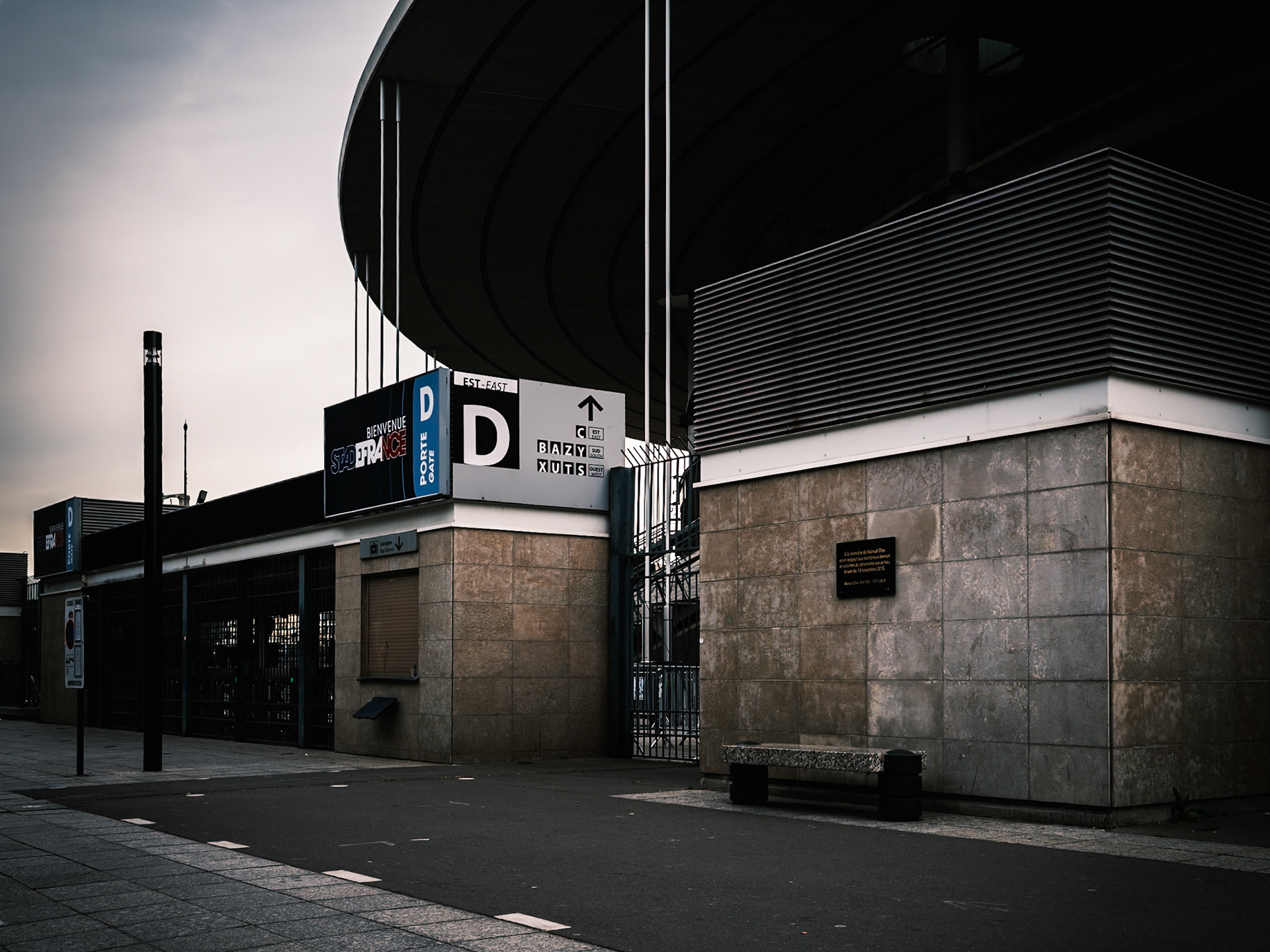 Porte D of Stade de France where there is a plaque in honor of the victims of the November 13th terrorist attacks in Paris, France. April 2025, by Maria KALAFATSI