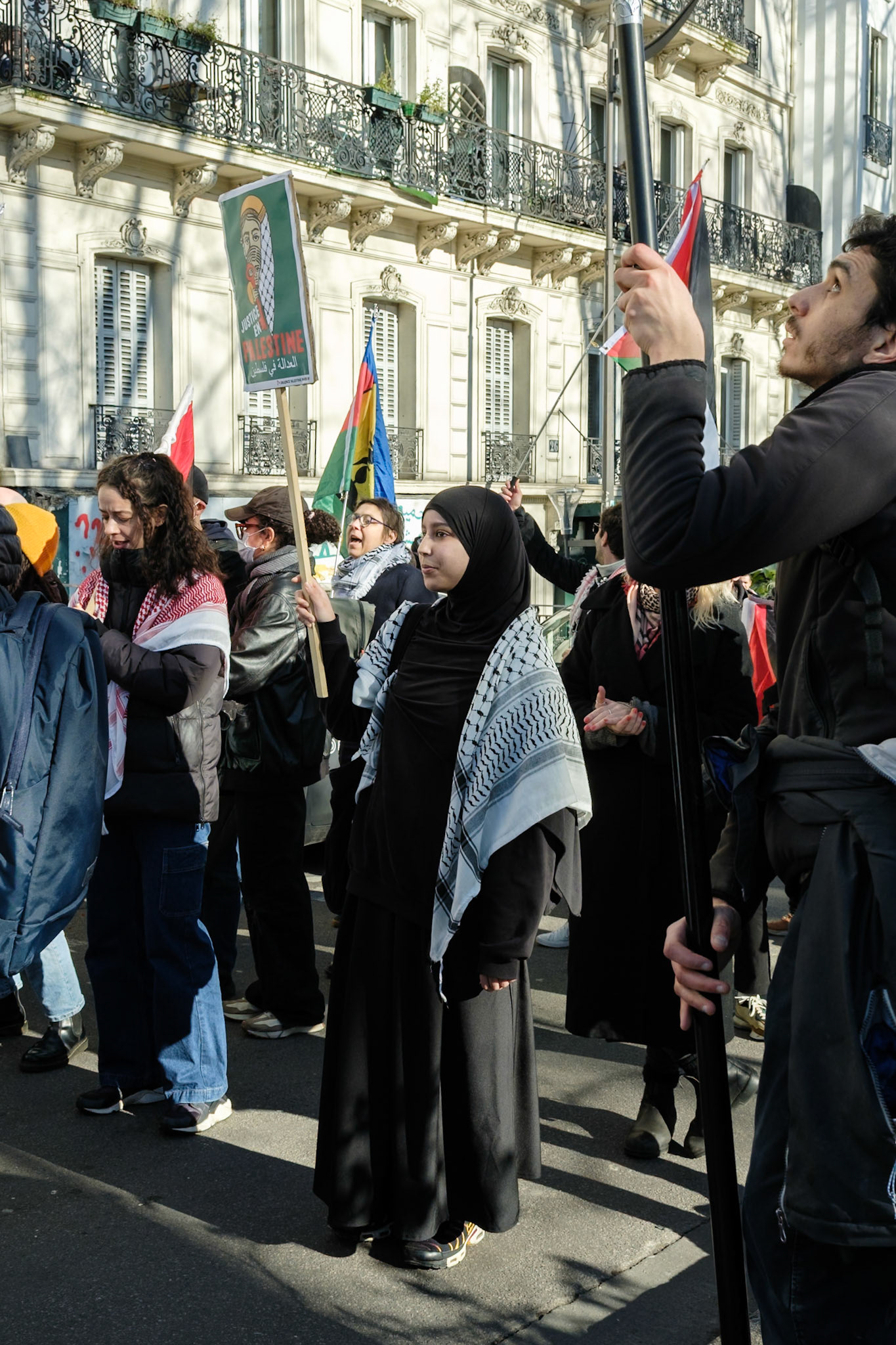 Crowd protesting in favor of the release of George Abdallah from French Prison, starting the protest outside of Marx Dormoy metro station in Paris, France, on February 1st, 2025. After  40 years in prison, the lebanese's release is still being postponed. Paris, February 1st, Maria Kalafatsi.