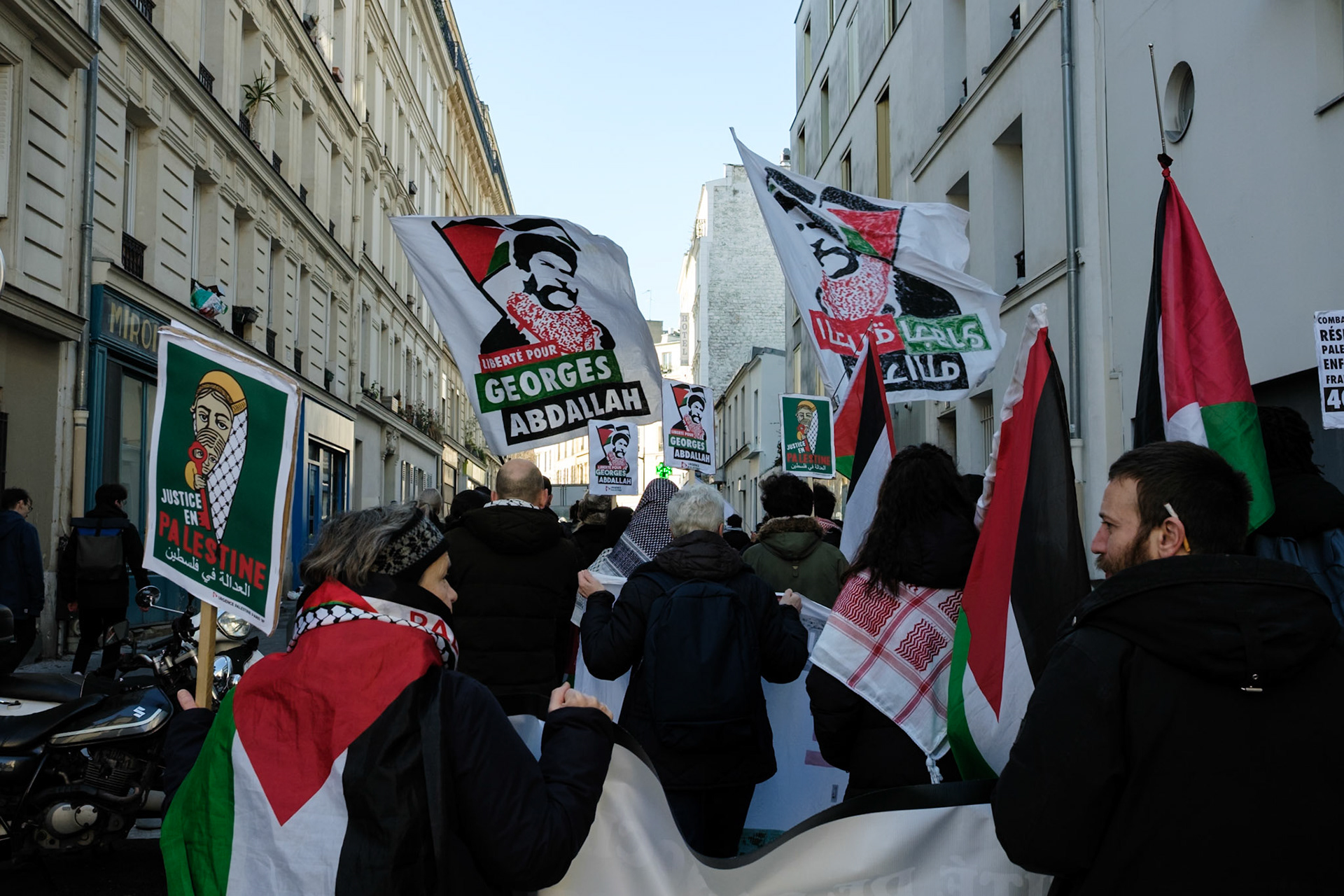 Crowd protesting in favor of the release of George Abdallah from French Prison, starting the protest outside of Marx Dormoy metro station in Paris, France, on February 1st, 2025. After 40 years in prison, the lebanese's release is still being postponed. Paris, France, February 1st 2025, Maria Kalafatsi