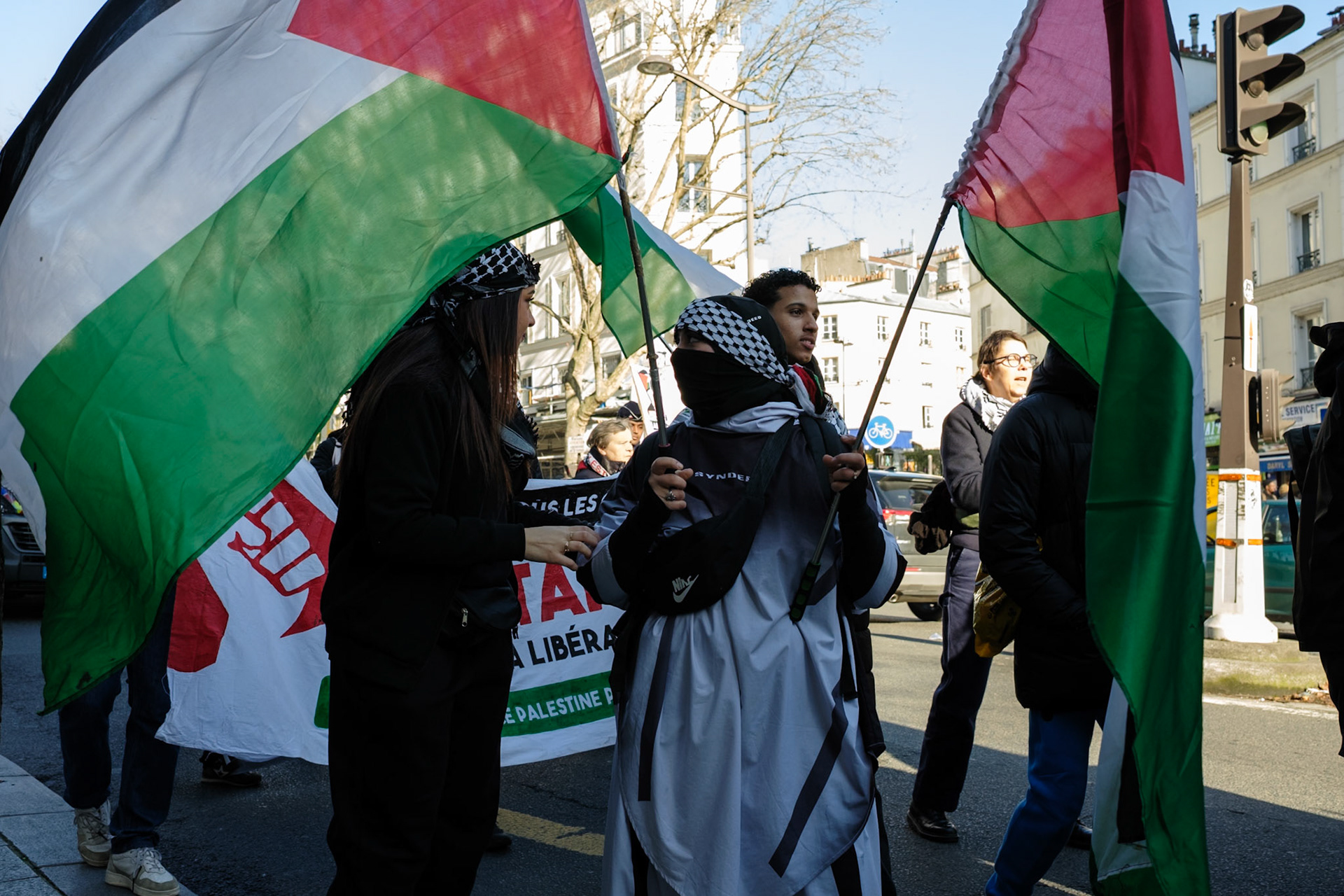 Crowd protesting in favor of the release of George Abdallah from French Prison, starting the protest outside of Marx Dormoy metro station in Paris, France, on February 1st, 2025. After 40 years in prison, the lebanese's release is still being postponed. Paris, France, February 1st 2025, Maria Kalafatsi