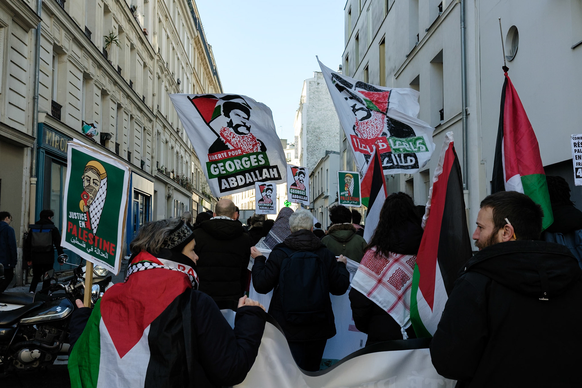 Crowd protesting in favor of the release of George Abdallah from French Prison, starting the protest outside of Marx Dormoy metro station in Paris, France, on February 1st, 2025. After  40 years in prison, the lebanese's release is still being postponed. Paris, February 1st, Maria Kalafatsi.