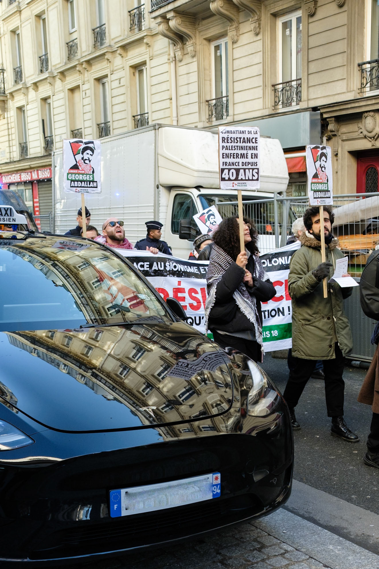 Crowd protesting in favor of the release of George Abdallah from French Prison, starting the protest outside of Marx Dormoy metro station in Paris, France, on February 1st, 2025. After 40 years in prison, the lebanese's release is still being postponed. Paris, France, February 1st 2025, Maria Kalafatsi
