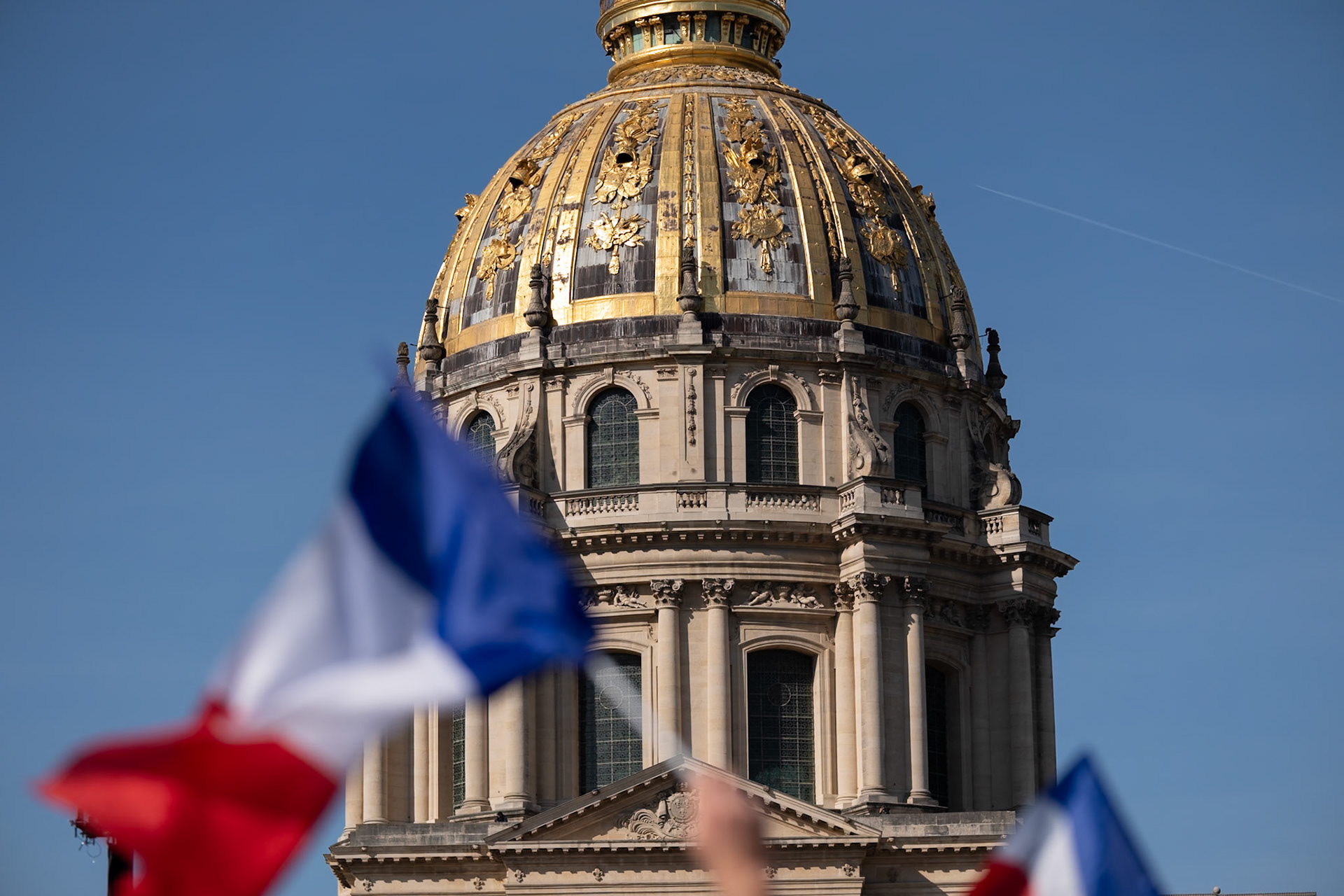 National Rally demonstration, behind the Hotel D'Invalides, in Paris, France, on April 6th 2025. To protest against the sentencing of Marine Le Pen from the french judiciary system. Paris, April 6th, by Maria KALAFATSI
