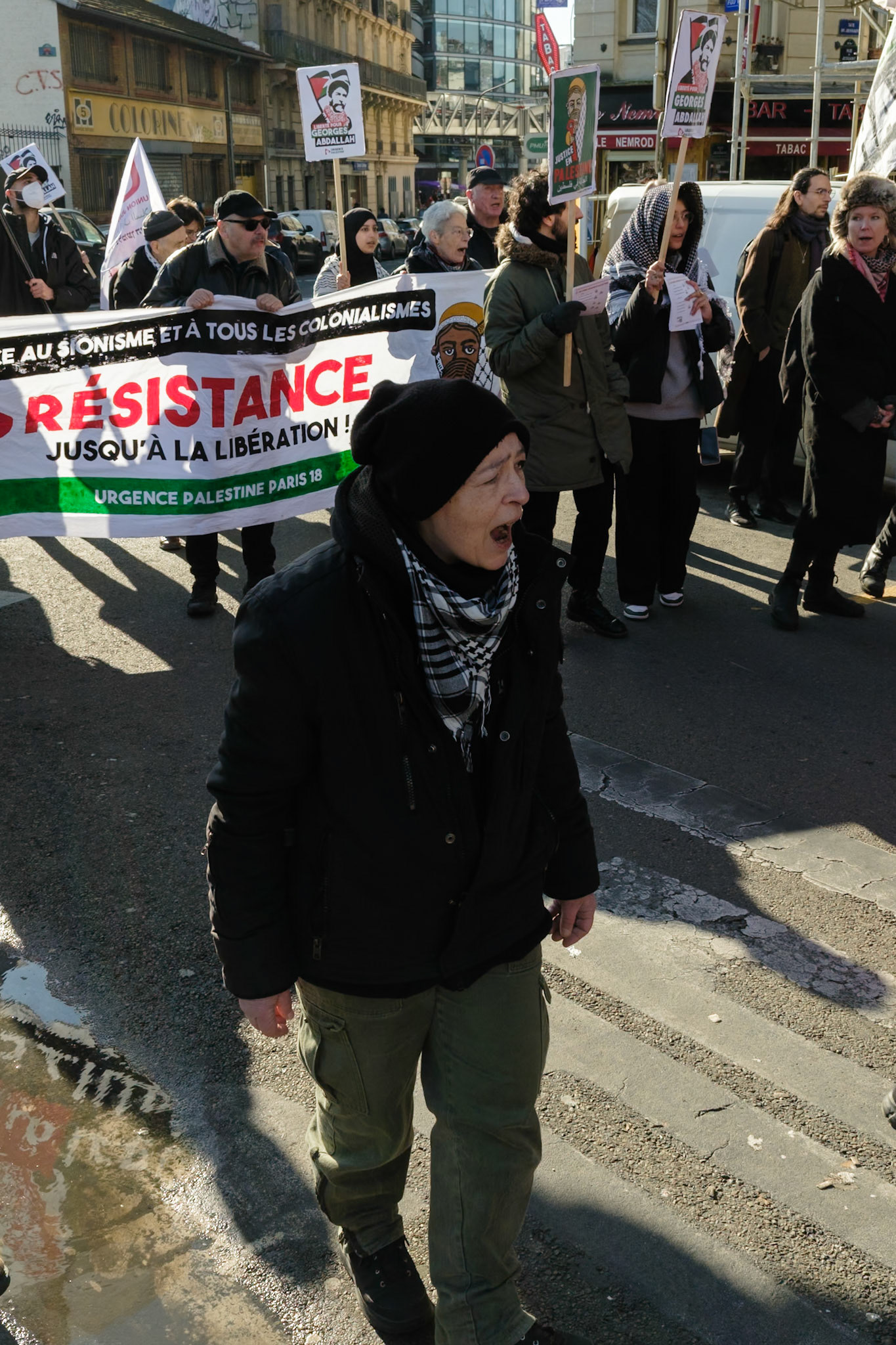 Crowd protesting in favor of the release of George Abdallah from French Prison, starting the protest outside of Marx Dormoy metro station in Paris, France, on February 1st, 2025. After  40 years in prison, the lebanese's release is still being postponed. Paris, February 1st, Maria Kalafatsi.