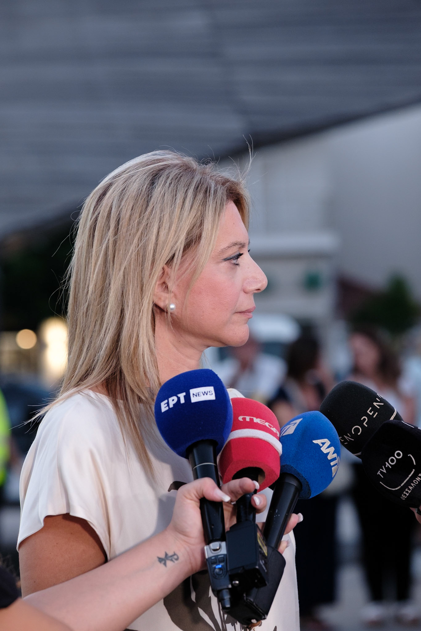 Maria Karistianou, who lost her daughter, talking to the media before the event dedicated to the victims of the train wreckage of Tempi 2023. Organised by local ngo Kialli of Thermi & supported by the local community. Thermi, Thessaloniki, Greece, 10.09.2025 by Maria Kalafatsi
