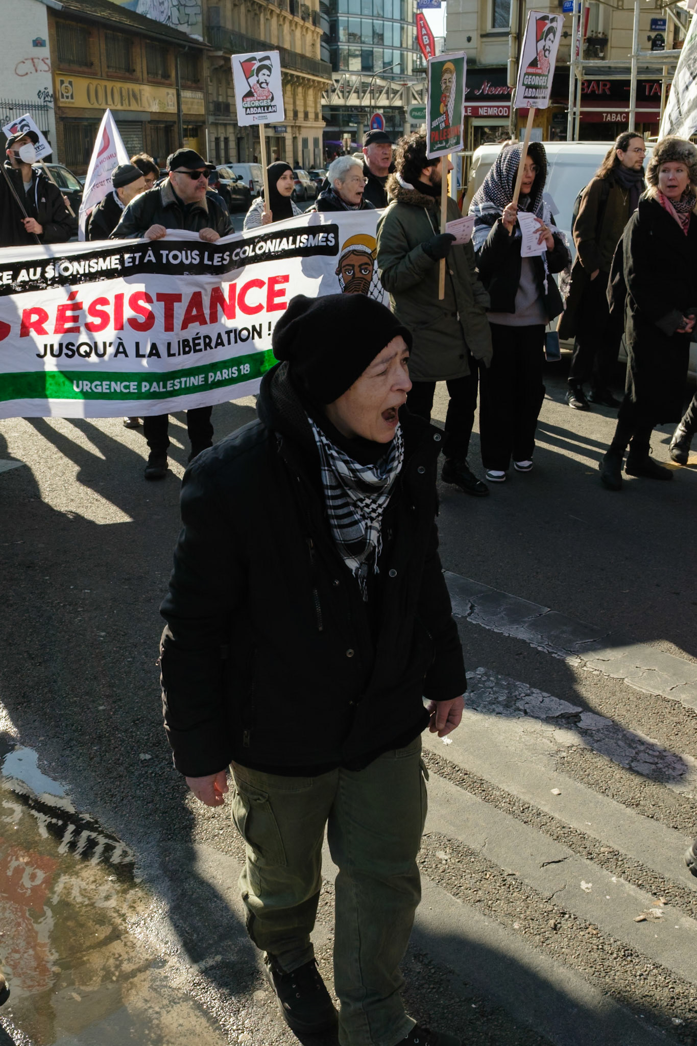 Crowd protesting in favor of the release of George Abdallah from French Prison, starting the protest outside of Marx Dormoy metro station in Paris, France, on February 1st, 2025. After 40 years in prison, the lebanese's release is still being postponed. Paris, France, February 1st 2025, Maria Kalafatsi