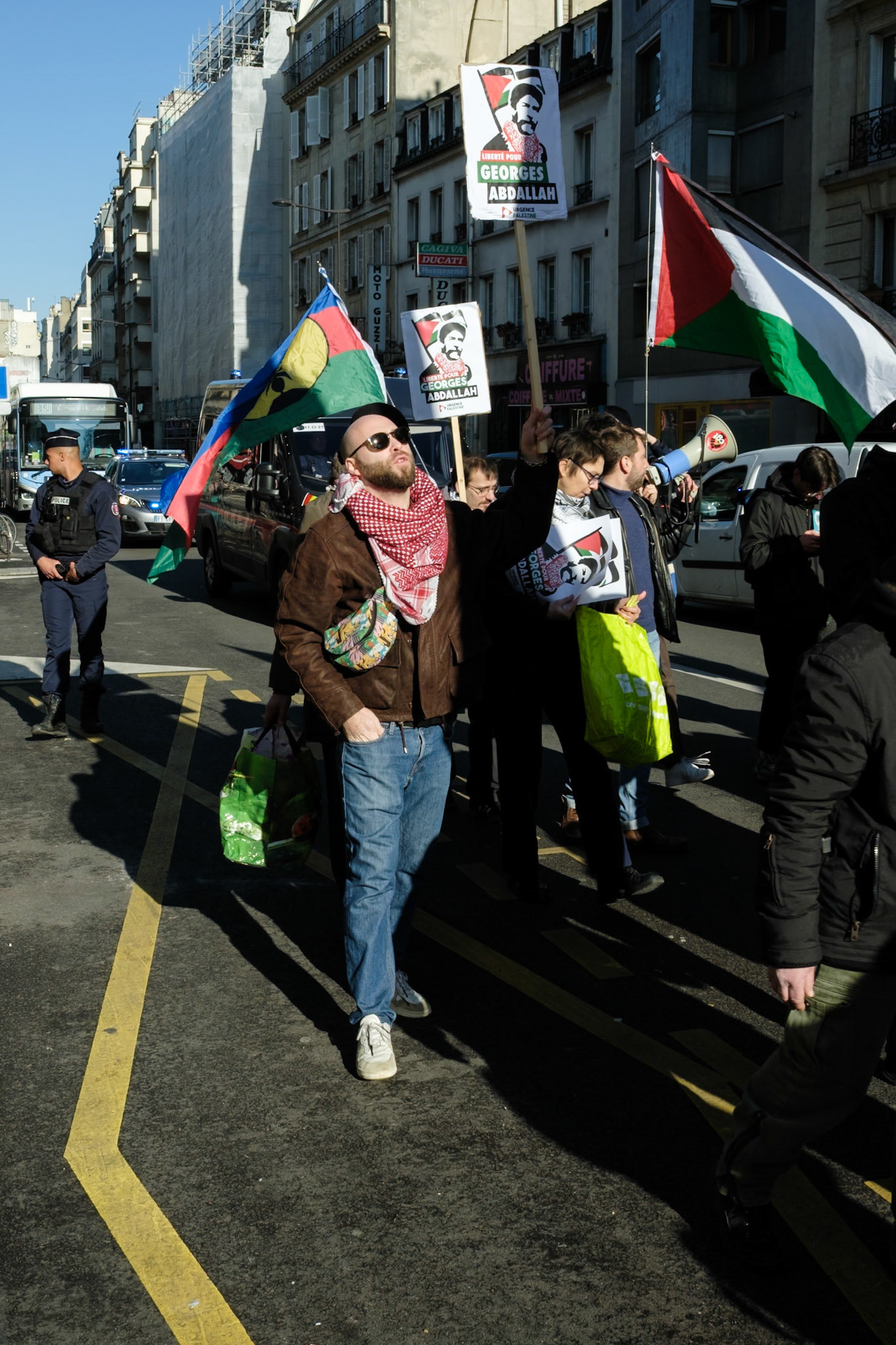 Crowd protesting in favor of the release of George Abdallah from French Prison, starting the protest outside of Marx Dormoy metro station in Paris, France, on February 1st, 2025. After 40 years in prison, the lebanese's release is still being postponed. Paris, France, February 1st 2025, Maria Kalafatsi