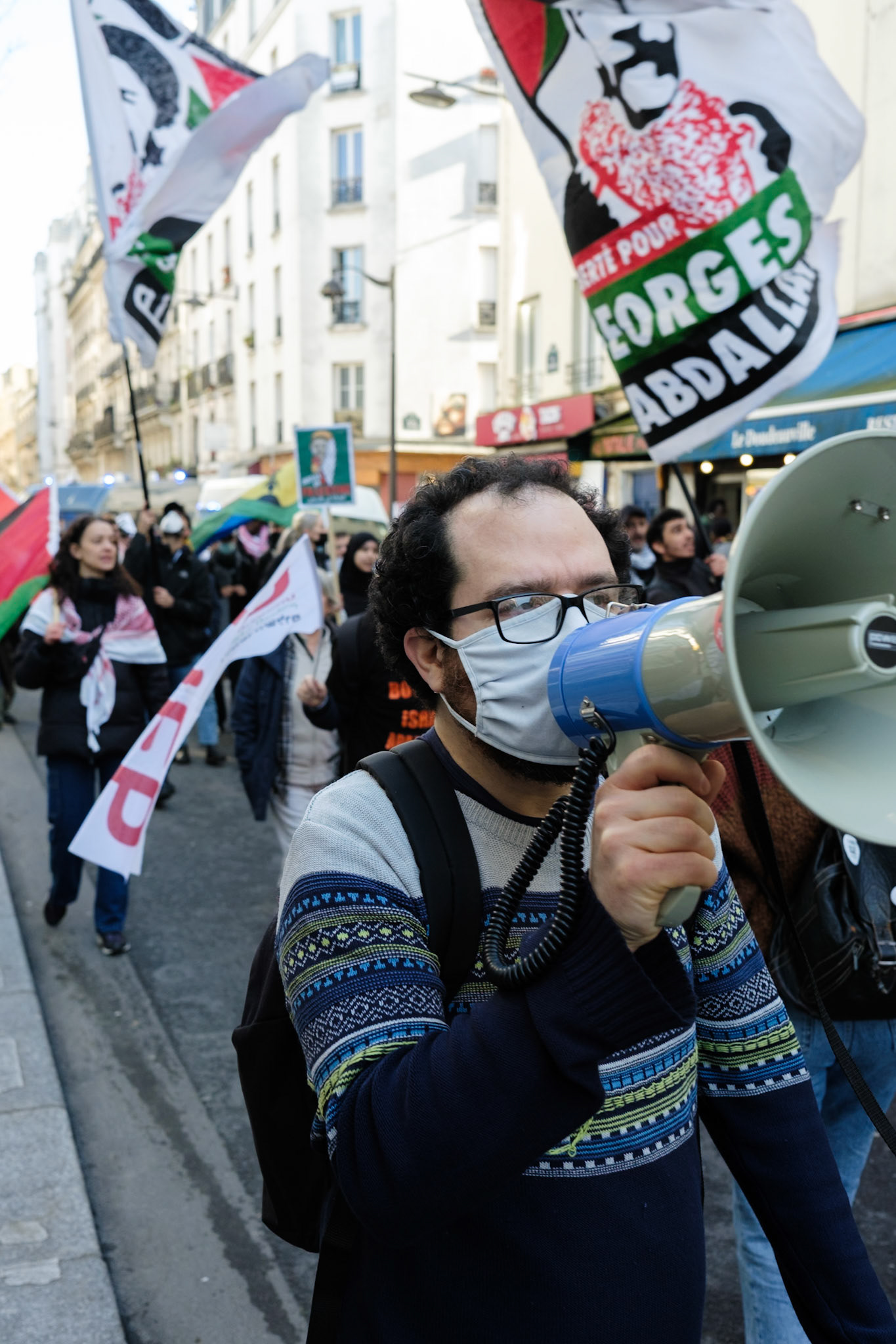 Crowd protesting in favor of the release of George Abdallah from French Prison, starting the protest outside of Marx Dormoy metro station in Paris, France, on February 1st, 2025. After  40 years in prison, the lebanese's release is still being postponed. Paris, February 1st, Maria Kalafatsi.