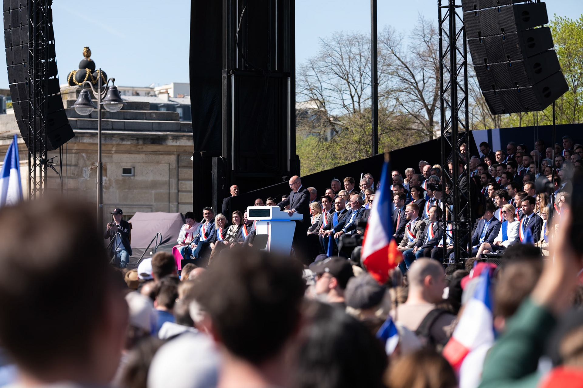 National Rally demonstration, behind the Hotel D'Invalides, in Paris, France, on April 6th 2025. To protest against the sentencing of Marine Le Pen from the french judiciary system. Paris, April 6th, by Maria KALAFATSI