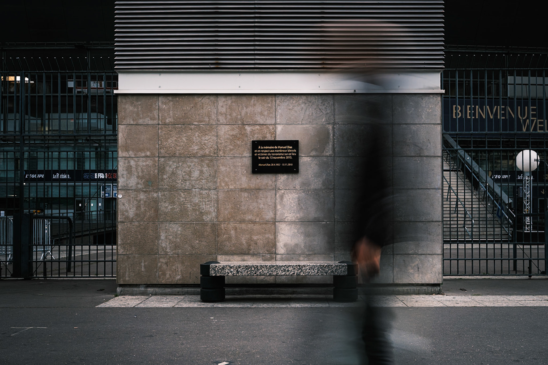 West view of Porte D of Stade de France where there is a plaque in honor of the victims of the November 13th terrorist attacks in Paris, France. April 2025, by Maria KALAFATSI