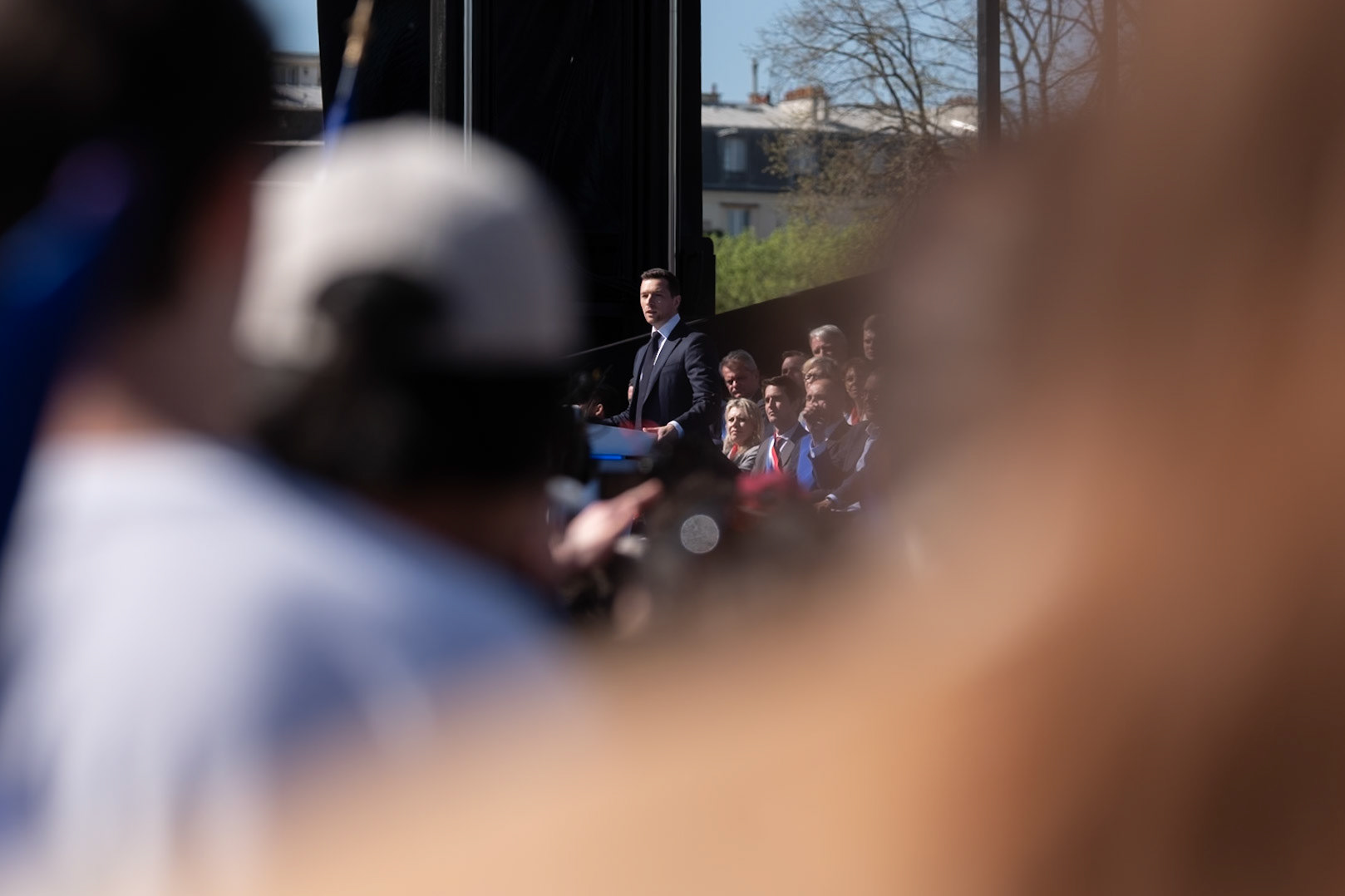 Jordan Bardella speech, at National Rally demonstration, behind the Hotel D'Invalides, in Paris, France, on April 6th 2025. To protest against the sentencing of Marine Le Pen from the french judiciary system. Paris, April 6th, by Maria KALAFATSI