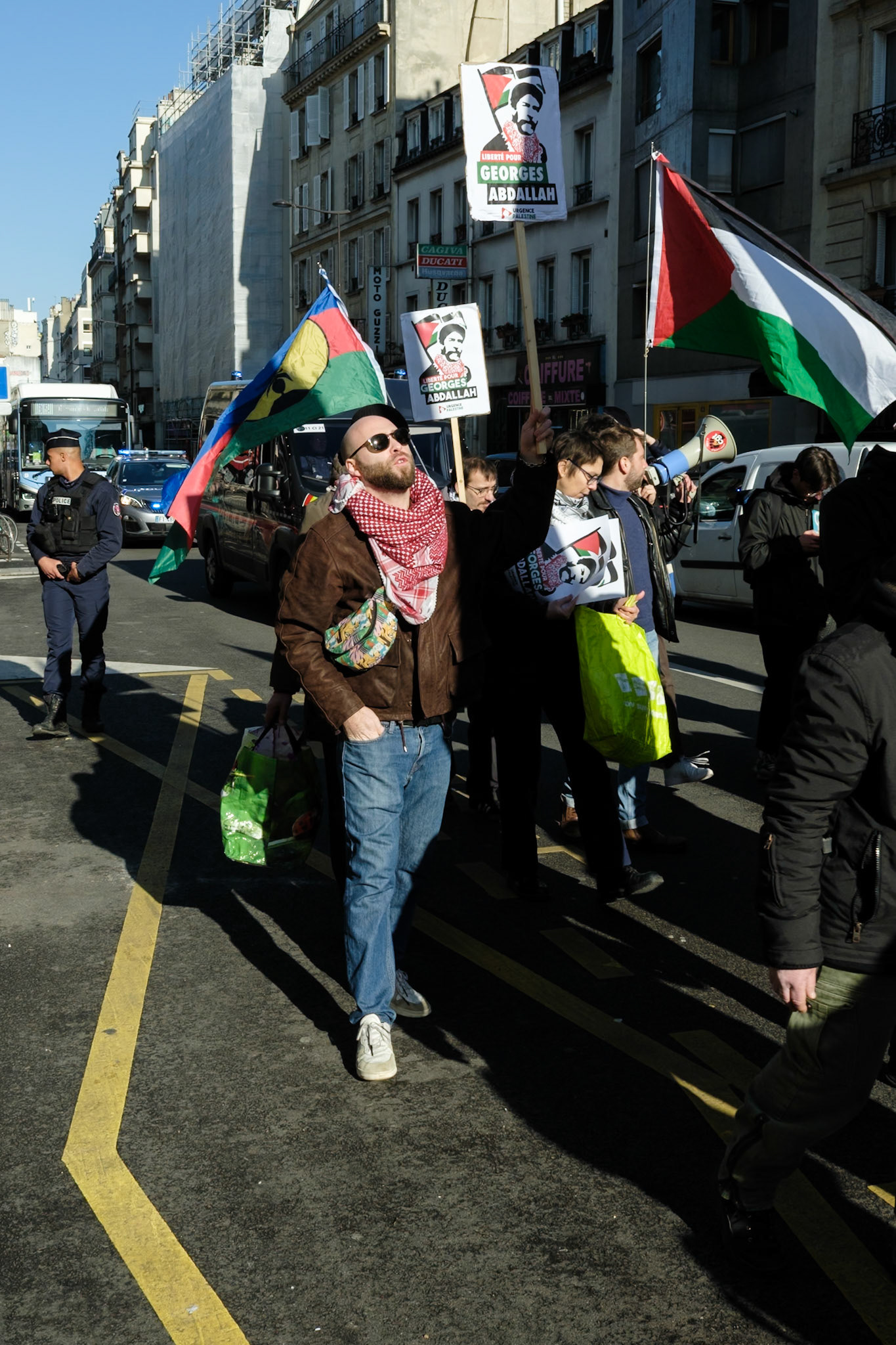 Crowd protesting in favor of the release of George Abdallah from French Prison, starting the protest outside of Marx Dormoy metro station in Paris, France, on February 1st, 2025. After  40 years in prison, the lebanese's release is still being postponed. Paris, February 1st, Maria Kalafatsi.