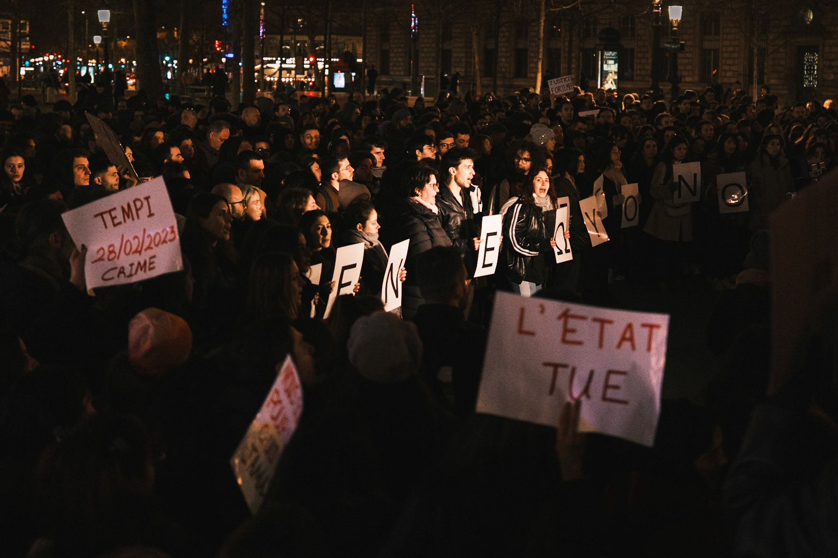 Tempi 2023 Greek Demonstration in Paris, for the 2 year anniversary of the Tempi crime in Greece, a train accident that killed 57 people. In Place de la Republique, Paris, France, February 28th 2025, by Maria KALAFATSI.