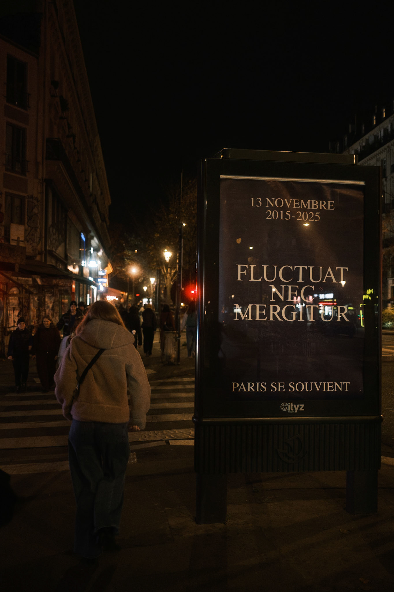 Paris filled with posters with the city's motto, in honour of the 10-year-anniversary of the terrorsti attacks in Paris, on November 13th 2015. Fluctuat nec mergitur, means "one is rocked by the waves but does not sink". Paris, France, 13th of November 2025. By Maria Kalafatsi