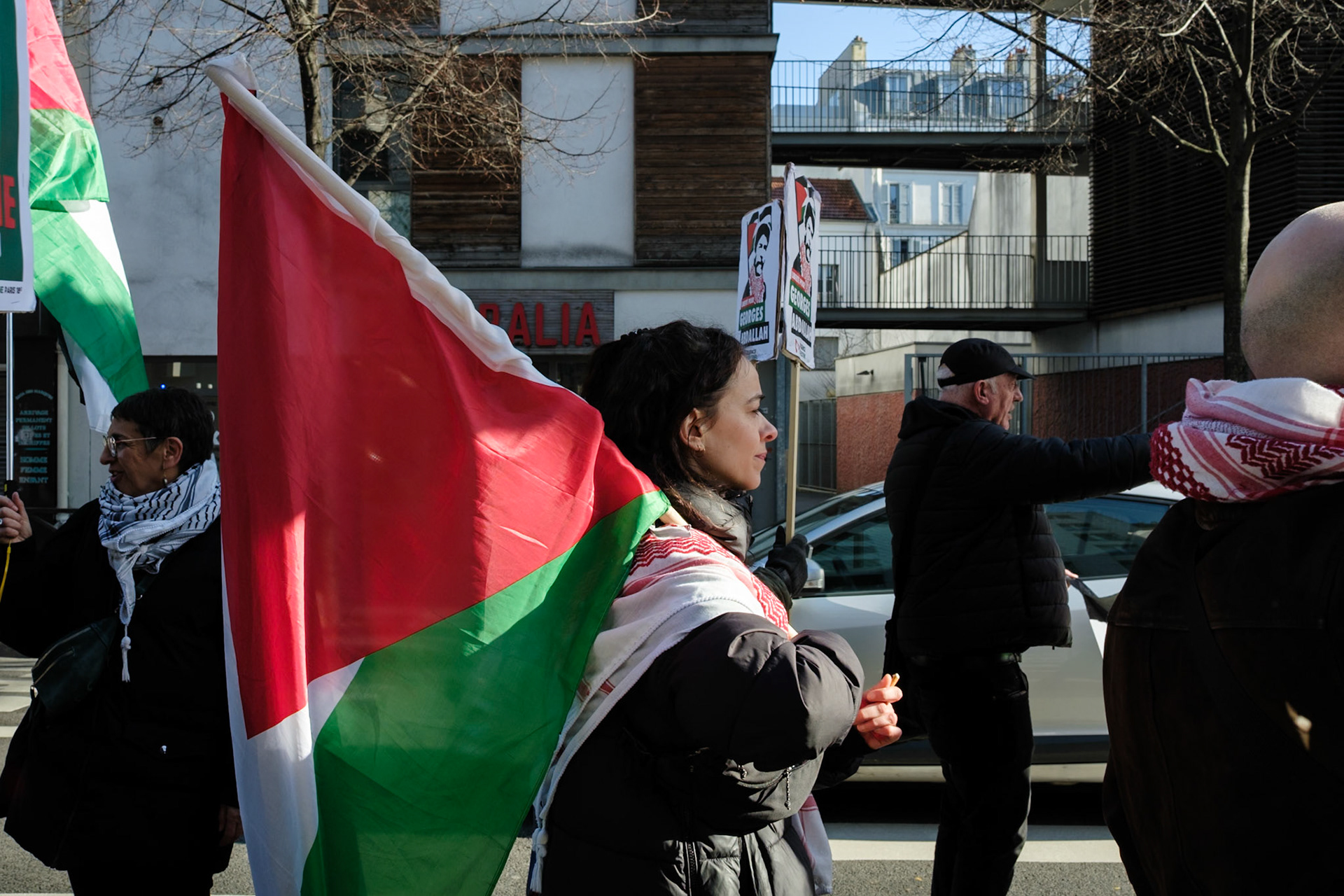 Crowd protesting in favor of the release of George Abdallah from French Prison, starting the protest outside of Marx Dormoy metro station in Paris, France, on February 1st, 2025. After 40 years in prison, the lebanese's release is still being postponed. Paris, France, February 1st 2025, Maria Kalafatsi