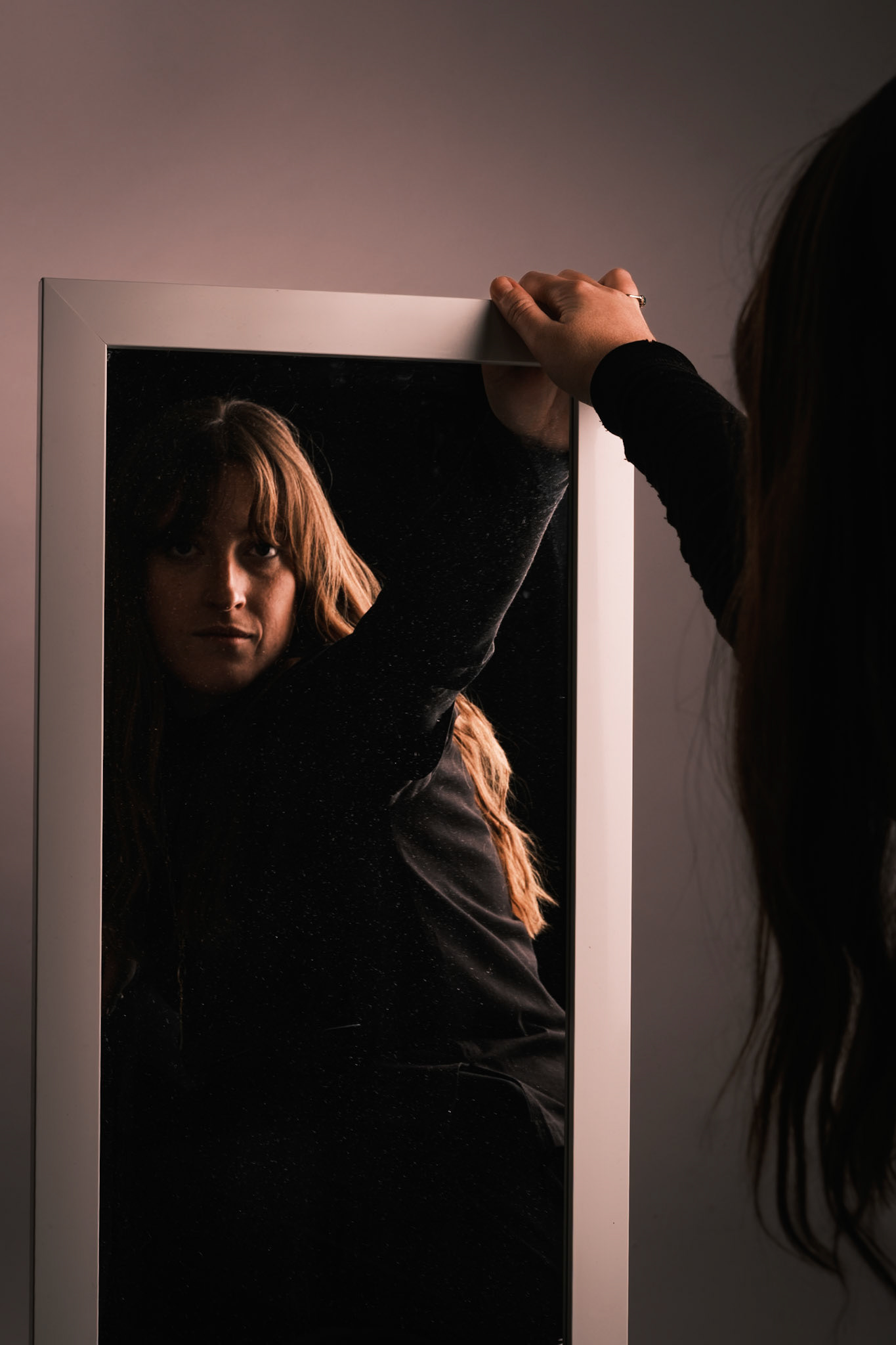 Girl in the mirror, portrait studio photoshoot, straight angle, Speos Studio, Paris, France February 13th, ©MariaKALAFATSI