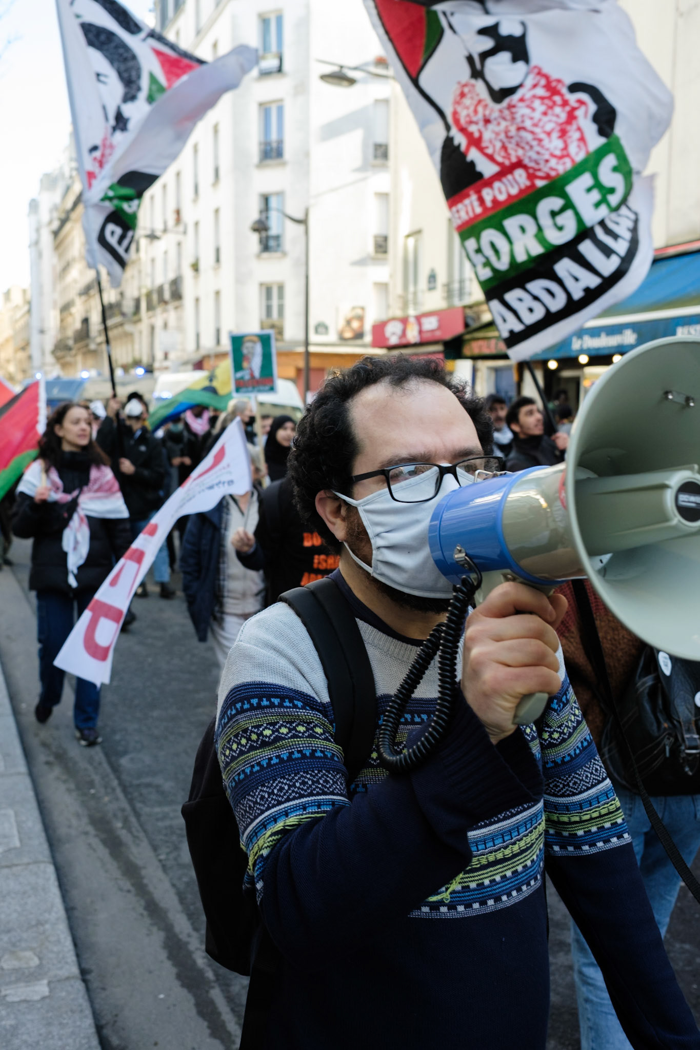 Crowd protesting in favor of the release of George Abdallah from French Prison, starting the protest outside of Marx Dormoy metro station in Paris, France, on February 1st, 2025. After 40 years in prison, the lebanese's release is still being postponed. Paris, France, February 1st 2025, Maria Kalafatsi