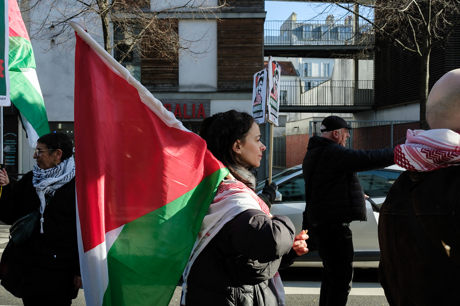Crowd protesting in favor of the release of George Abdallah from French Prison, starting the protest outside of Marx Dormoy metro station in Paris, France, on February 1st, 2025. After  40 years in prison, the lebanese's release is still being postponed. Paris, February 1st, Maria Kalafatsi.