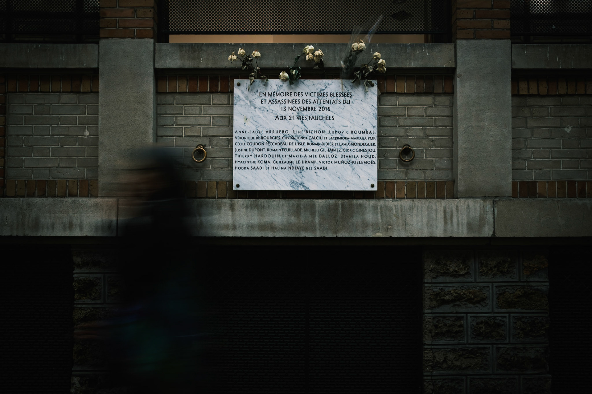 Plaque across the streete from La Belle Equipe in commemoration of the victims of the November 13th 20125 Attacks in Paris, France. April 2025, by Maria Kalafatsi.