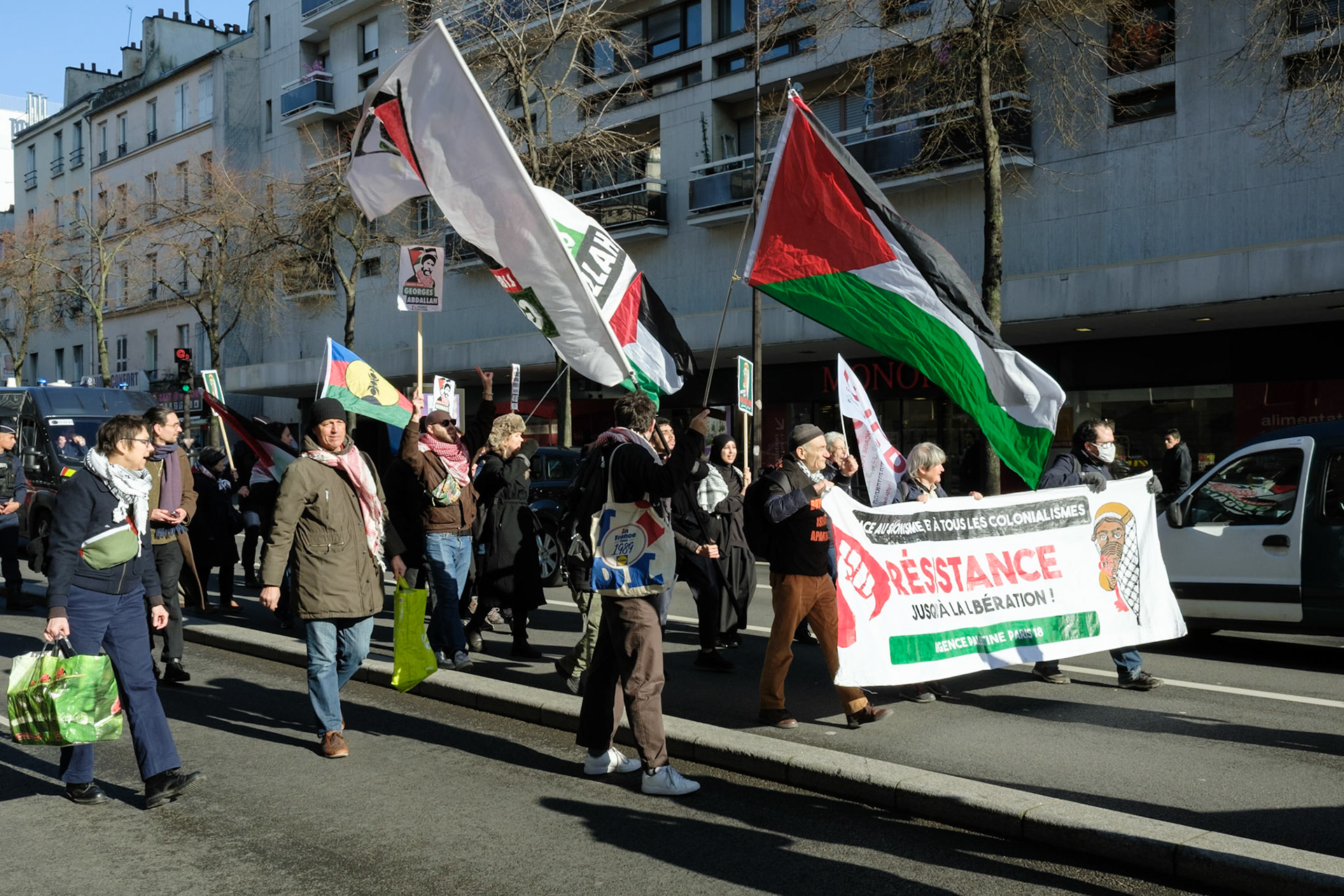 Crowd protesting in favor of the release of George Abdallah from French Prison, starting the protest outside of Marx Dormoy metro station in Paris, France, on February 1st, 2025. After  40 years in prison, the lebanese's release is still being postponed. Paris, February 1st, Maria Kalafatsi.