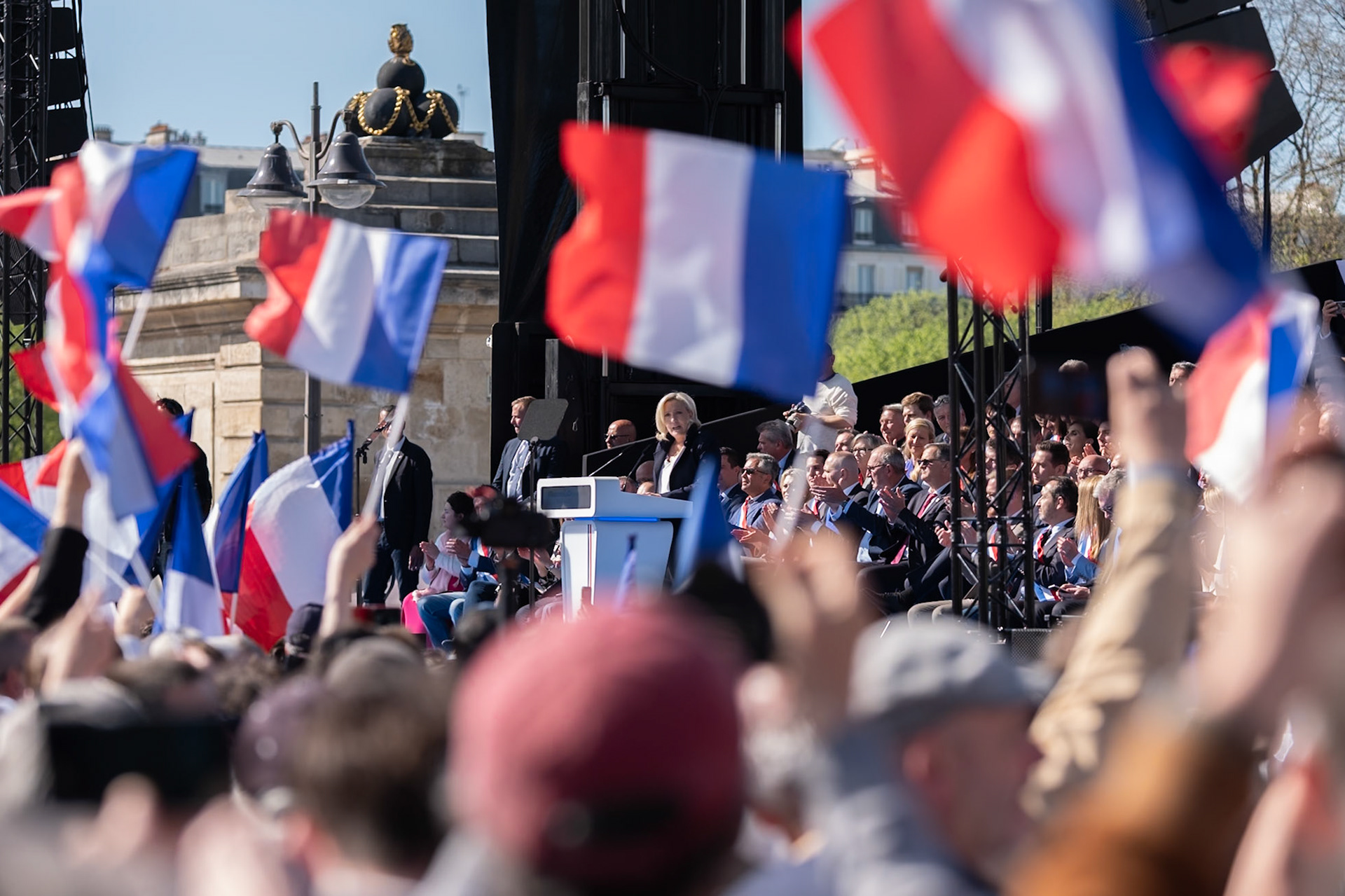 National Rally demonstration, behind the Hotel D'Invalides, in Paris, France, on April 6th 2025. To protest against the sentencing of Marine Le Pen from the french judiciary system. Paris, April 6th, by Maria KALAFATSI