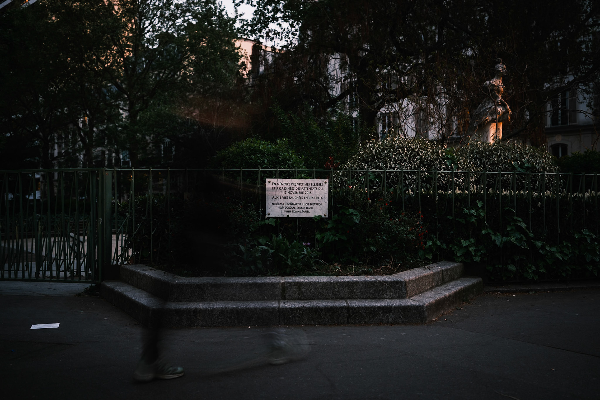 Plaque across the streete from La Bonne Biere &amp; Casa Nostra in commemoration of the victims of the November 13th 20125 Attacks in Paris, France. April 2025, by Maria Kalafatsi.