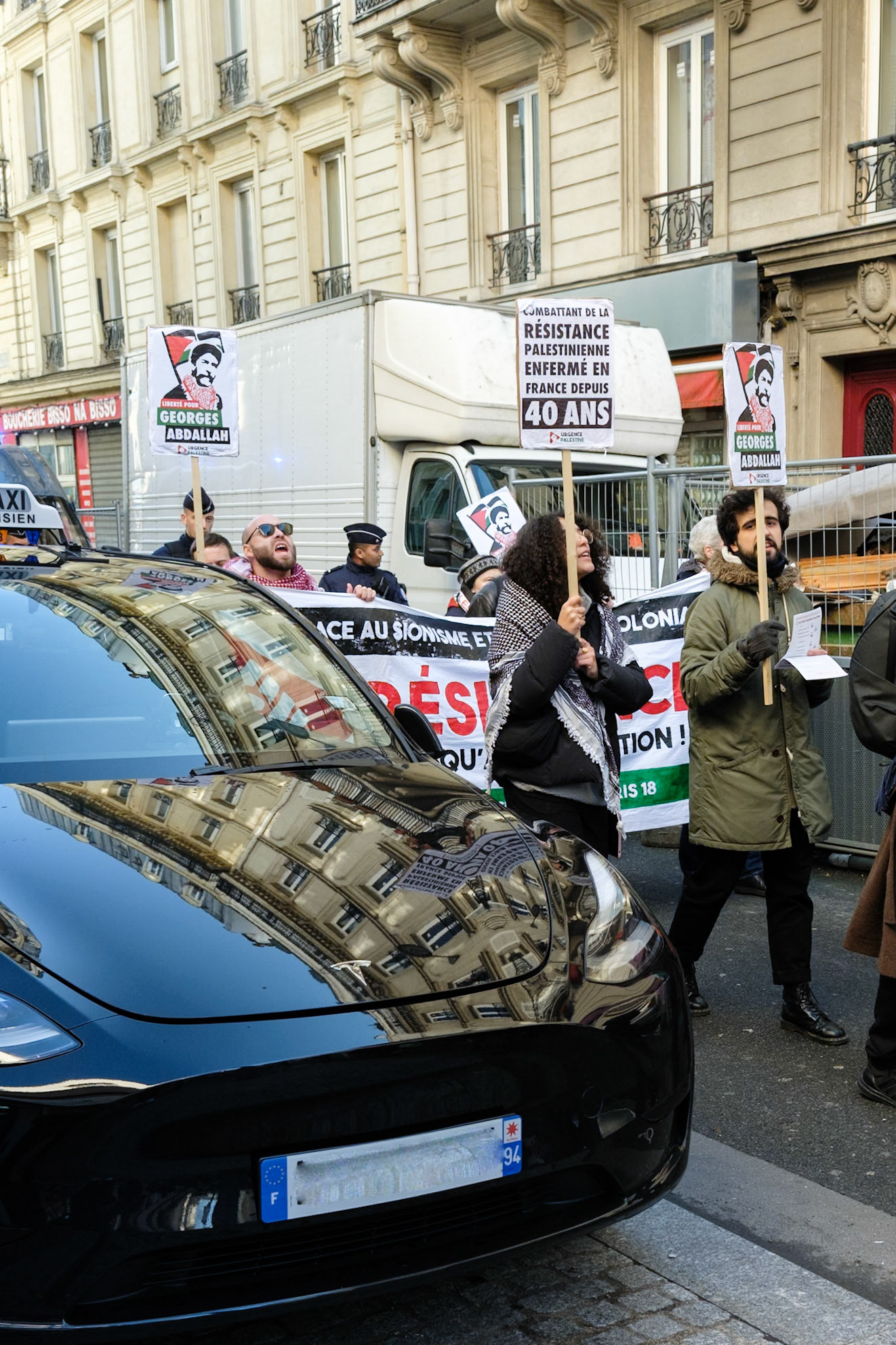 Crowd protesting in favor of the release of George Abdallah from French Prison, starting the protest outside of Marx Dormoy metro station in Paris, France, on February 1st, 2025. After  40 years in prison, the lebanese's release is still being postponed. Paris, February 1st, Maria Kalafatsi.