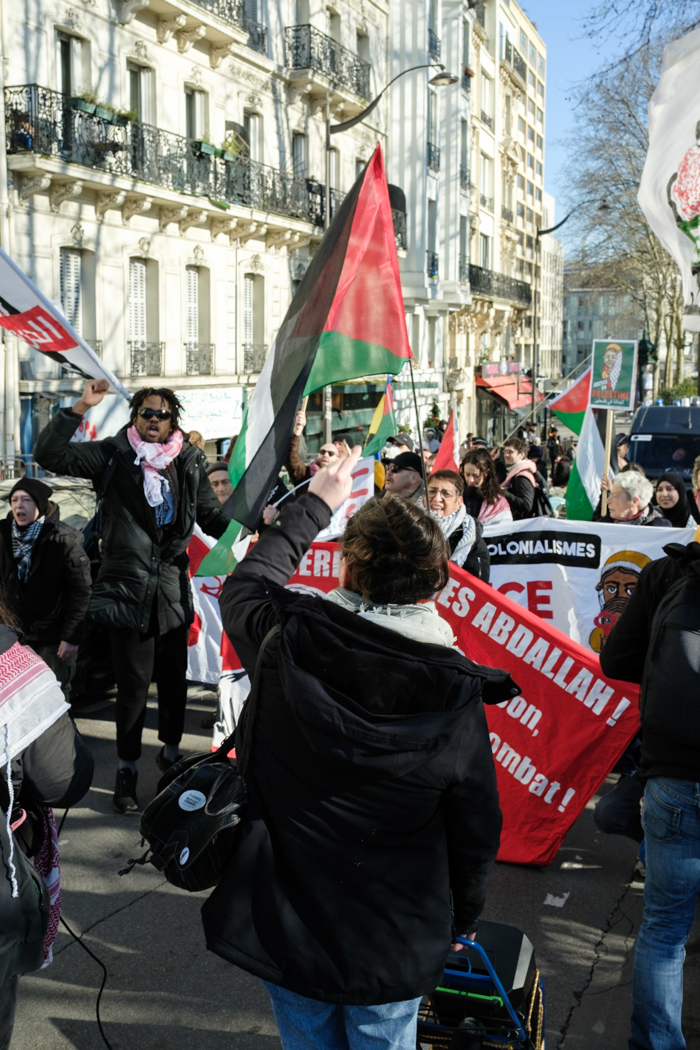 Crowd protesting in favor of the release of George Abdallah from French Prison, starting the protest outside of Marx Dormoy metro station in Paris, France, on February 1st, 2025. After 40 years in prison, the lebanese's release is still being postponed. Paris, France, February 1st 2025, Maria Kalafatsi