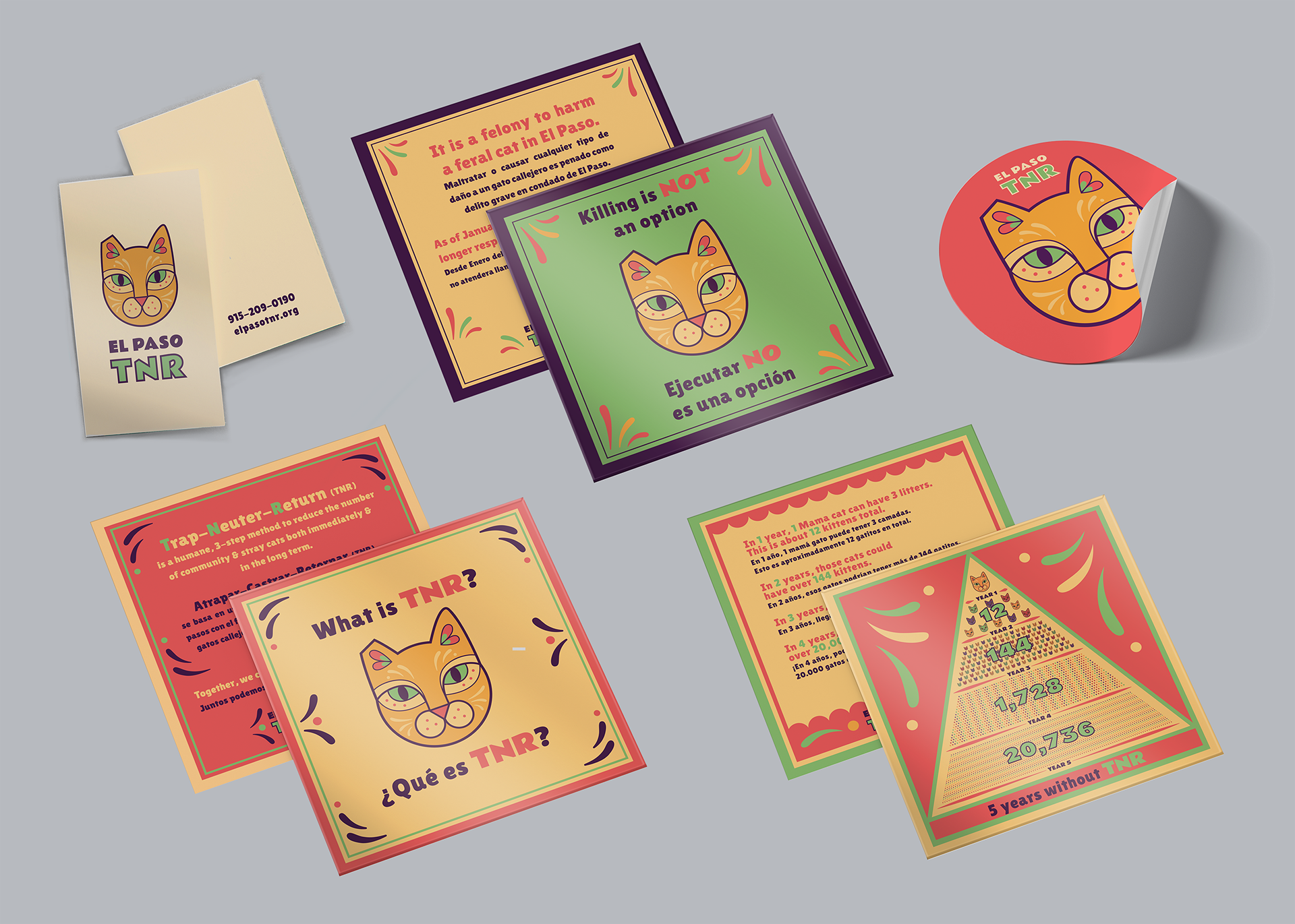 Business cards, educational postcards, stickers