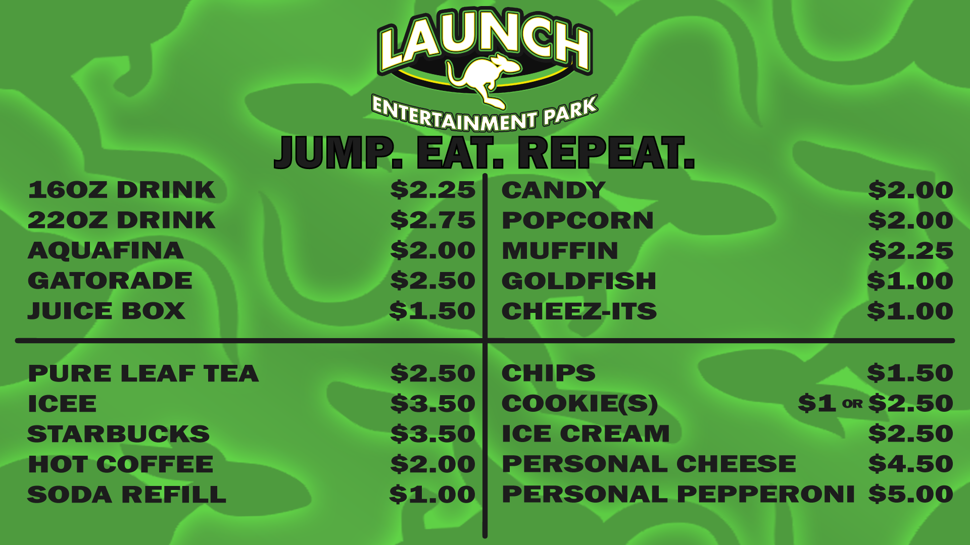 Launch Trampoline Park Café Menu