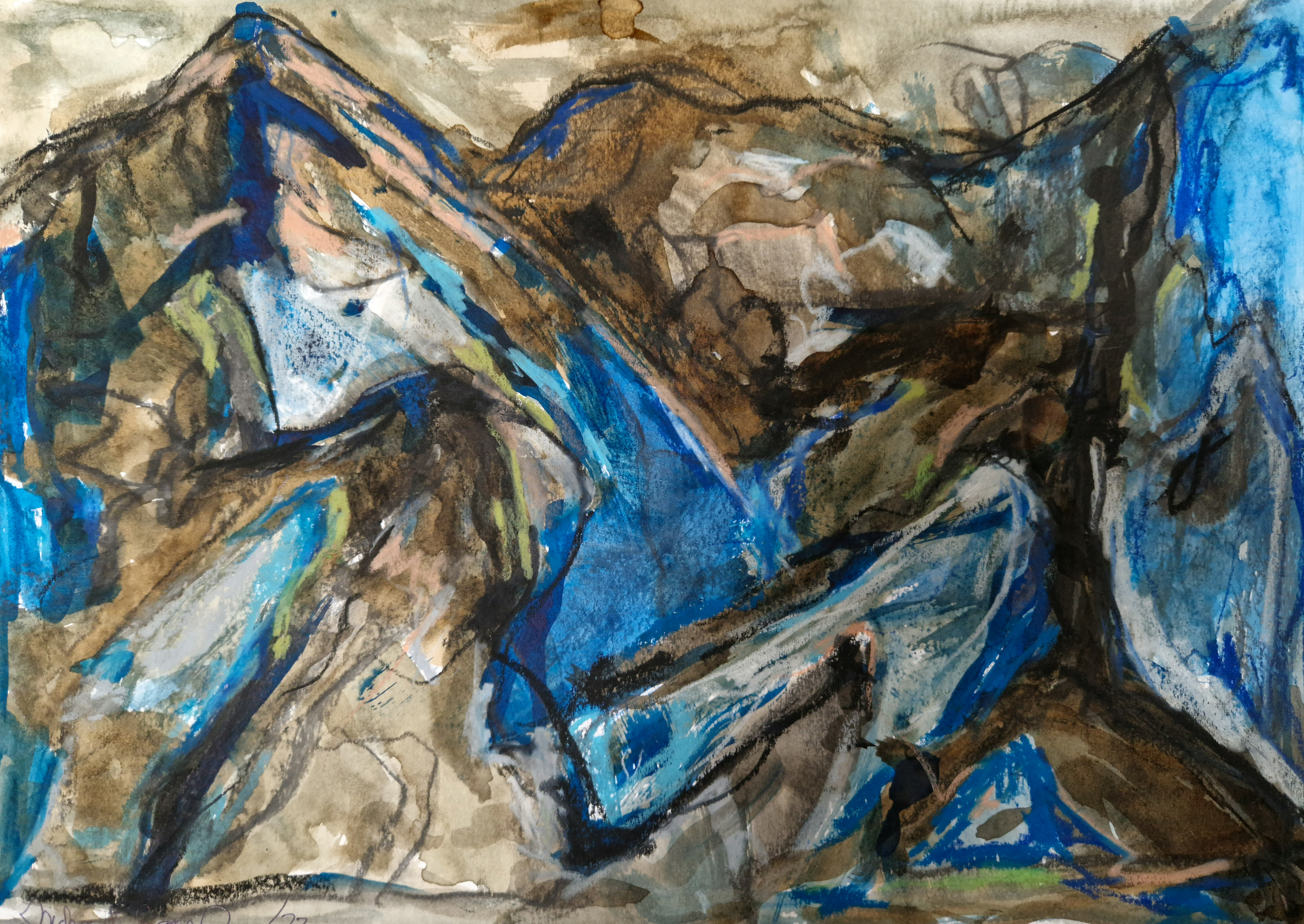 solgt 1800 kr. 2022 A3 papir, tusch, kaffe og Caran D'ache pastel på papir