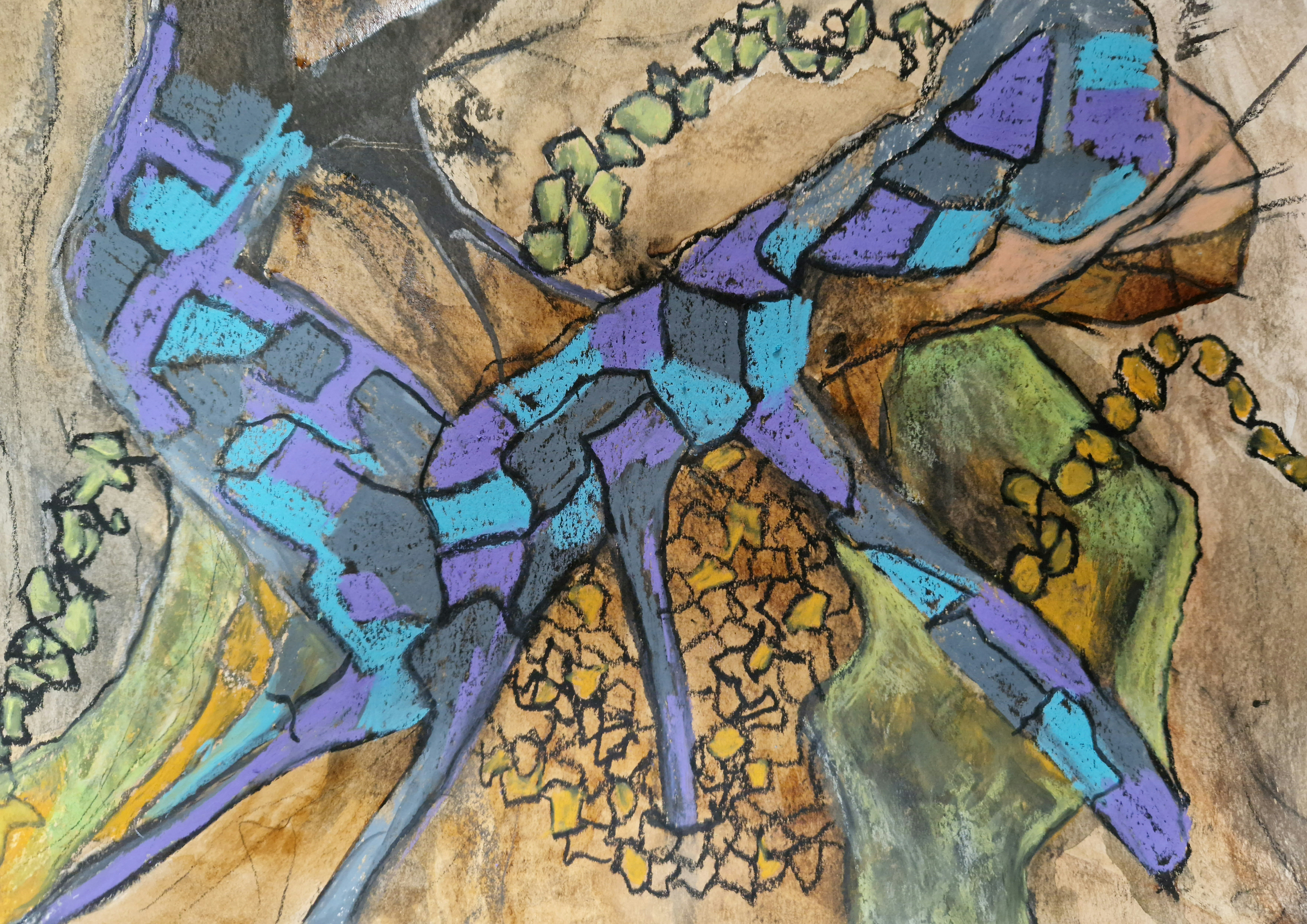 solgt - 2022,  A3 papir, kaffe og pastel,  29,7x42 cm.  1800 kr (egeramme og kunstglas)