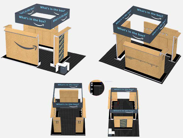 CAD files outlining the Box concept to Amazon. Despite a well-engineered design, the true challenge lies in the physical construction of the booth. Skyline builders encountered several issues during the setup. To address these problems, I worked closely with them, designing and testing various build solutions to determine what worked and what didn't.
