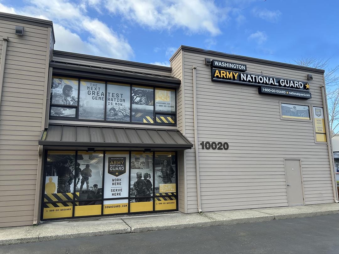 Lakewood Recruiting Center Branding updates - Illuminated Signage and 2-Story Window Graphics
