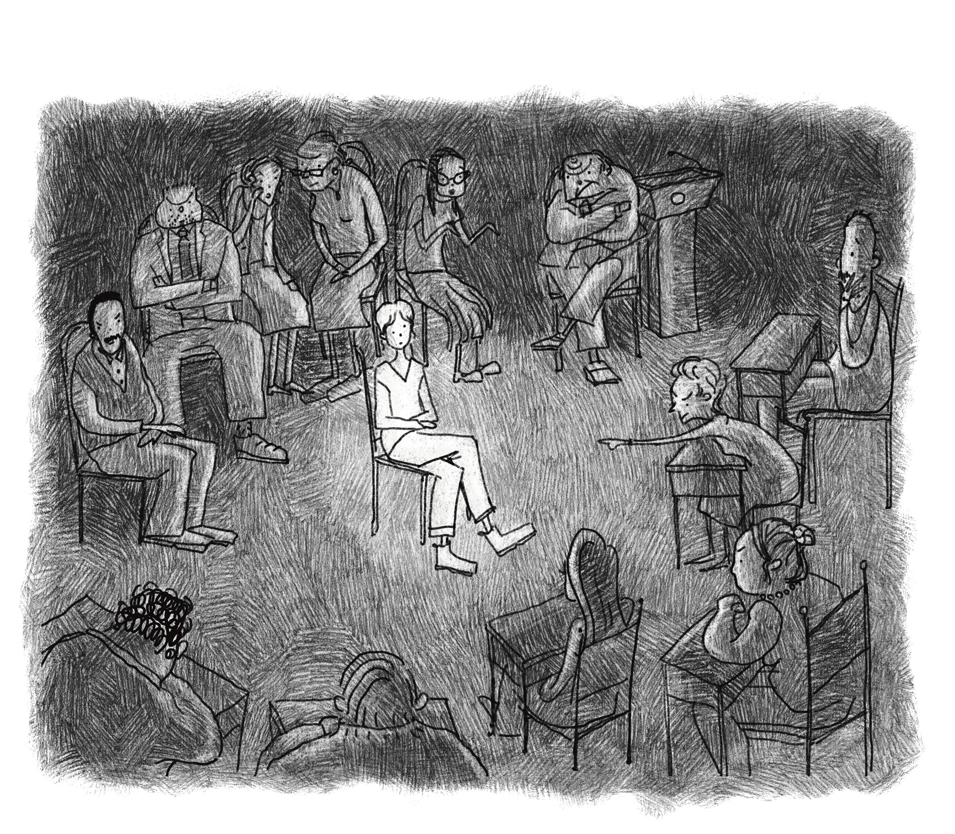 Teacher Cara sits before a group of serious, questioning parents, with board members behind her and the principal at the podium beside her.