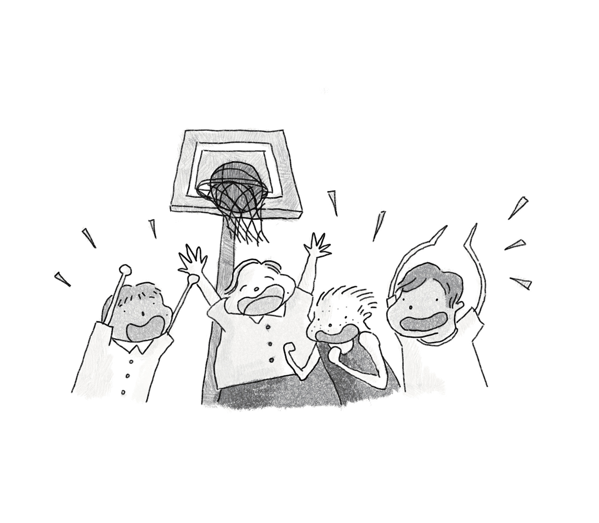 Jeff jumps up cheering behind Bradley, while a few other boys on the ground clap, raise their hands, and shout encouragement.