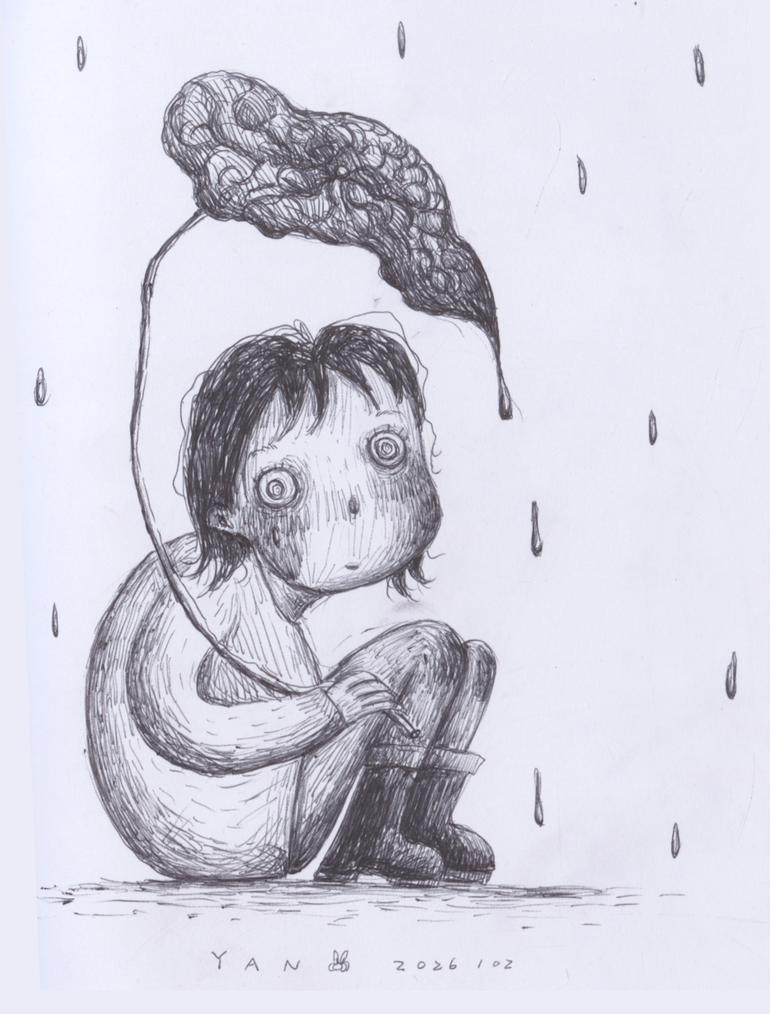 Raining, ink on paper, 2026