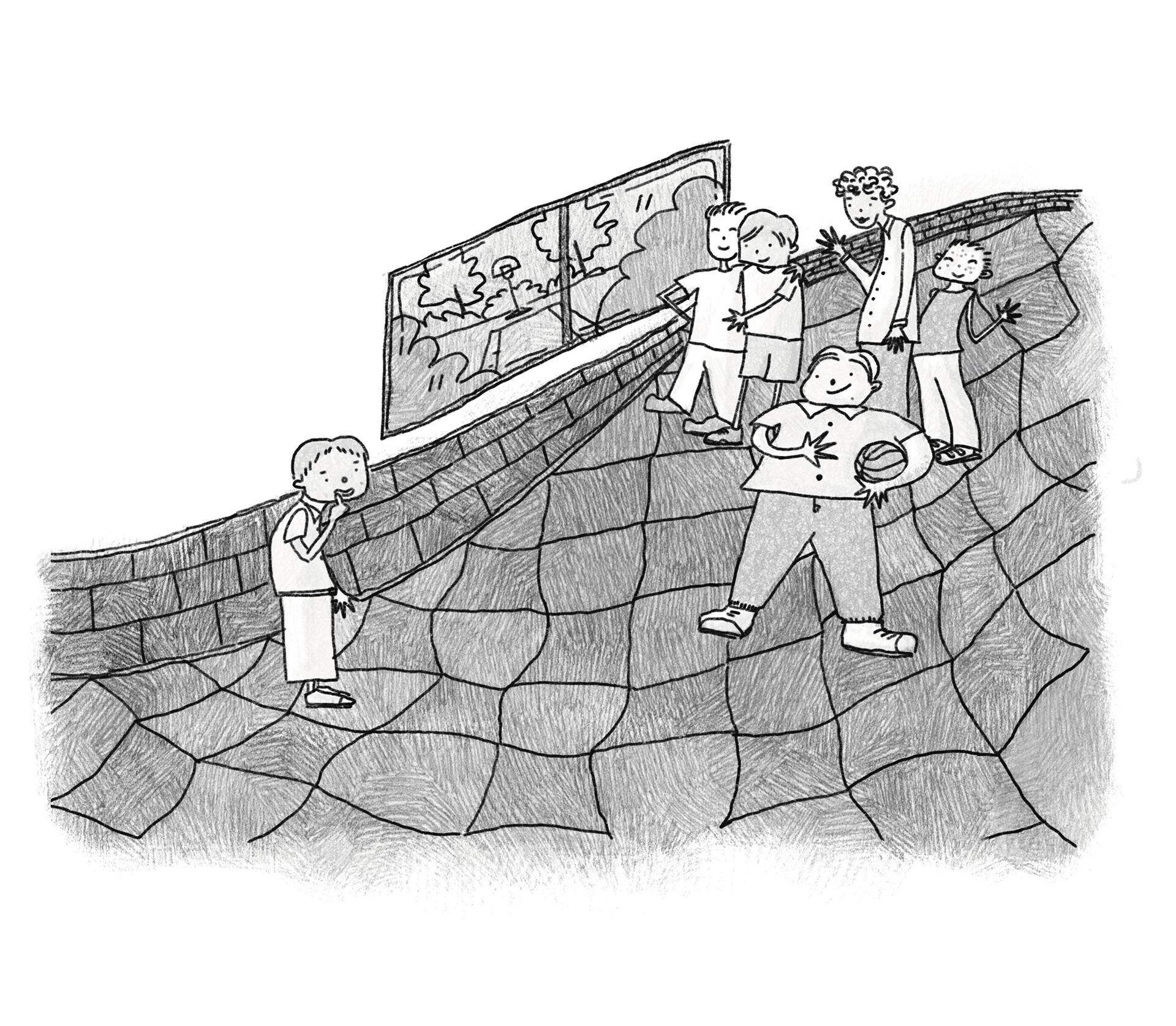 A boy in the hallway invites Jeff to play basketball, while four or five other boys eagerly wait nearby, hoping to talk to him.