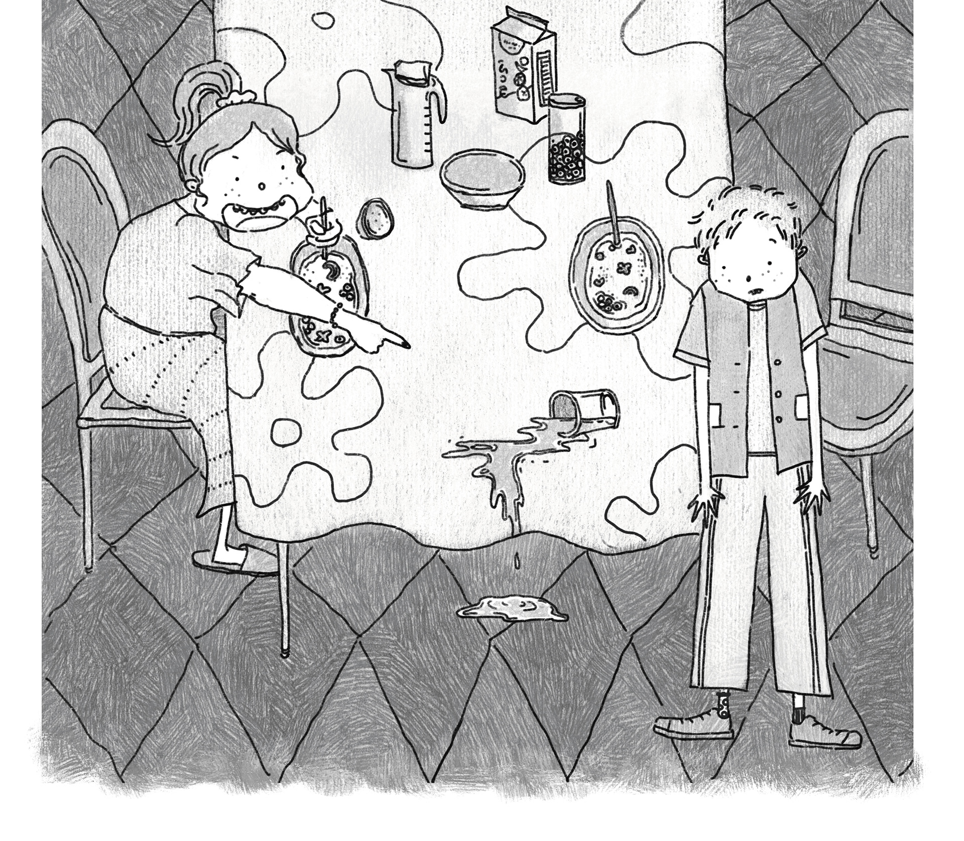 As Bradley gets up from the table, his sister Claudia laughs and points at his mismatched socks.