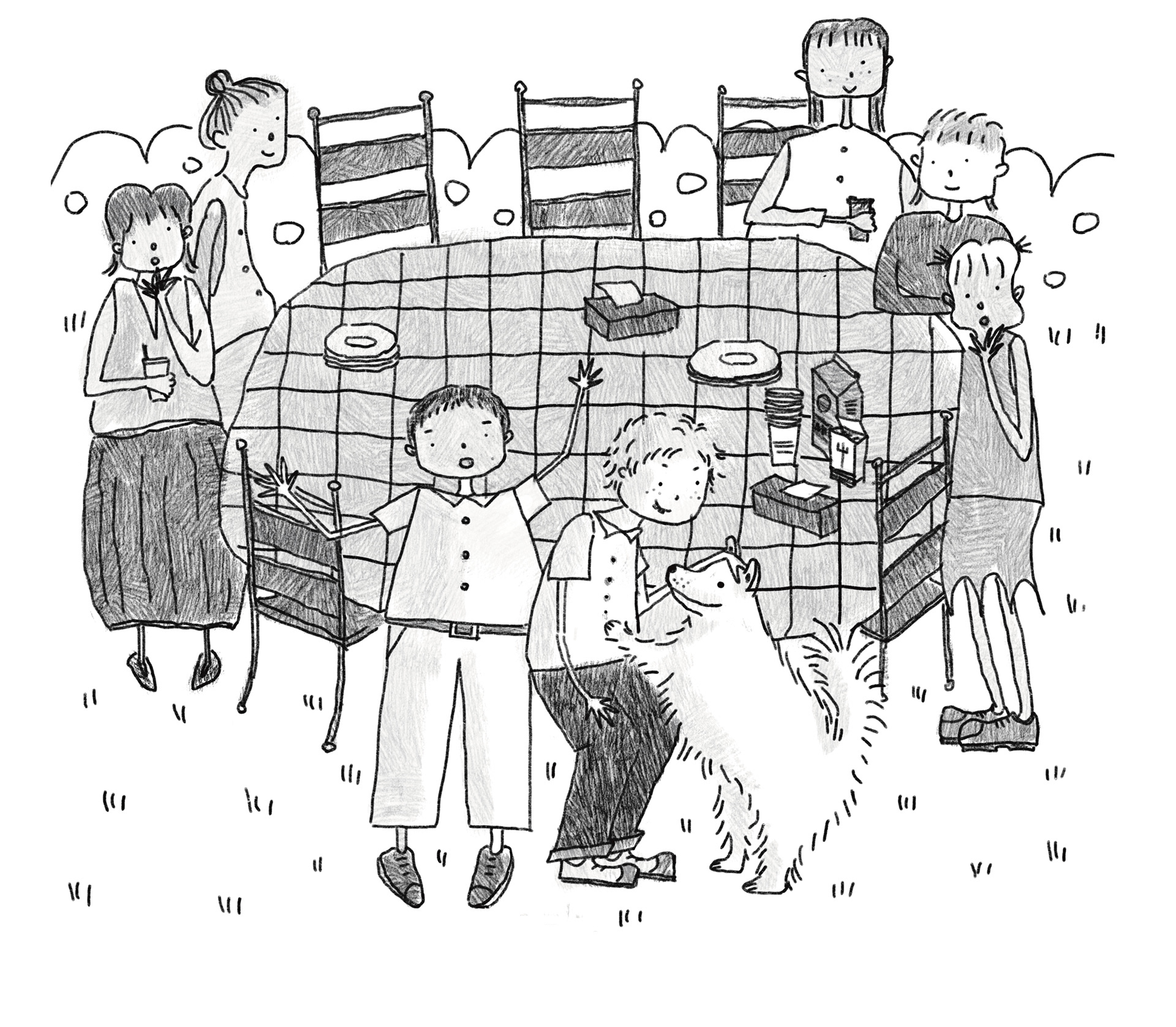 In a backyard, a dog jumps up on Bradley while Jeff and several girls look on in surprise near a picnic table.