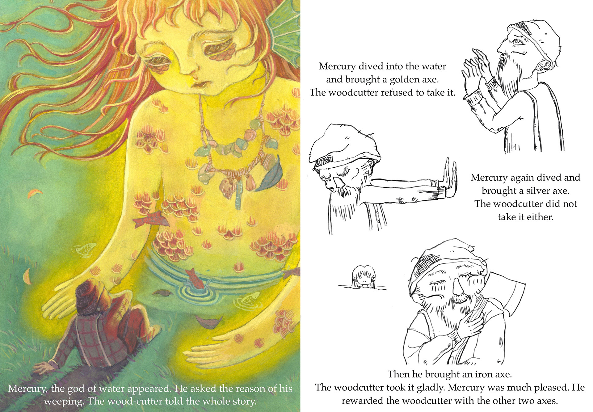 The Honest Woodcutter (watercolor and gouache); book dummy, 2022