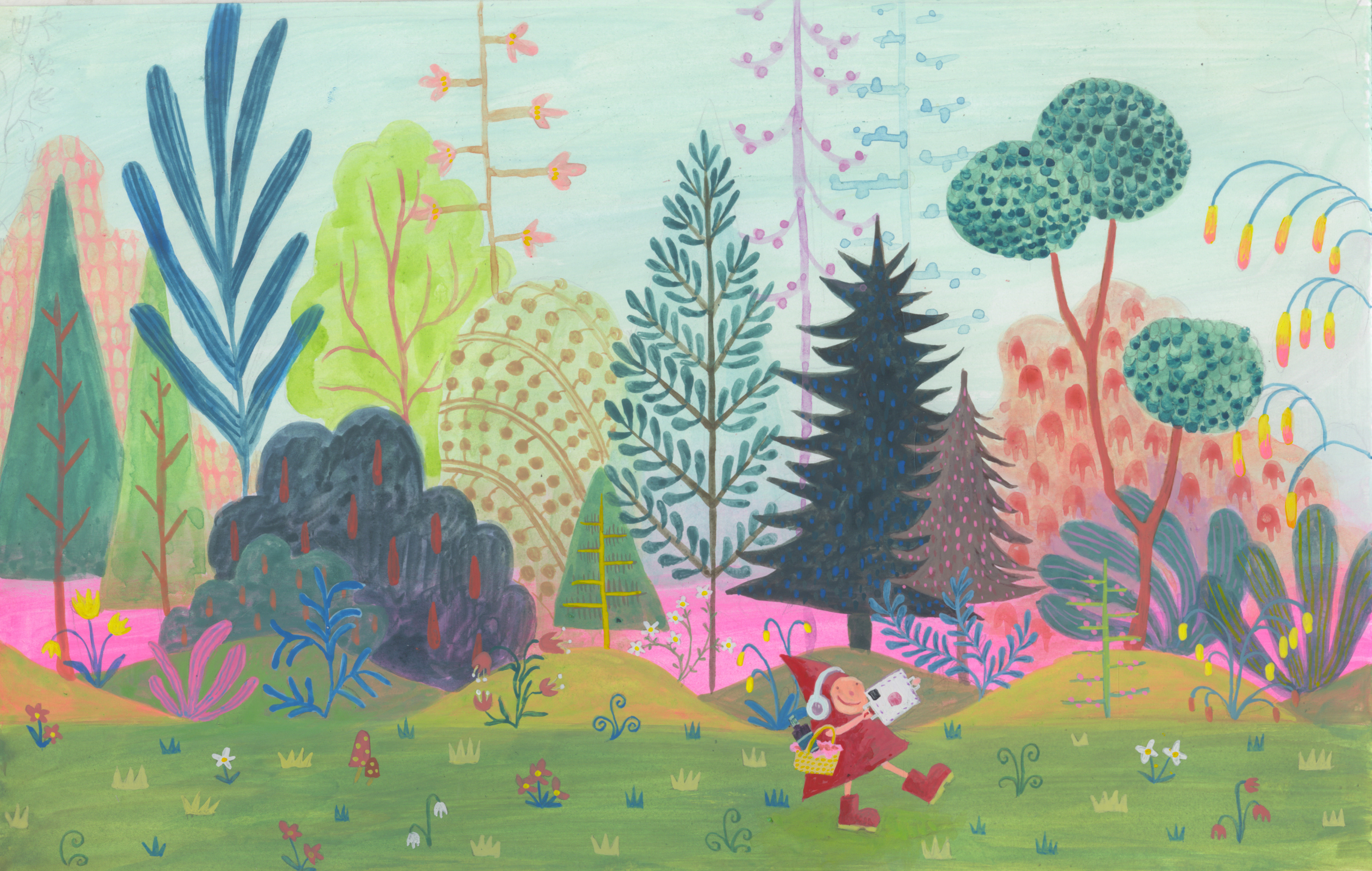 Red Riding Hood Is Addicted to Tech!, gouache, 2026
