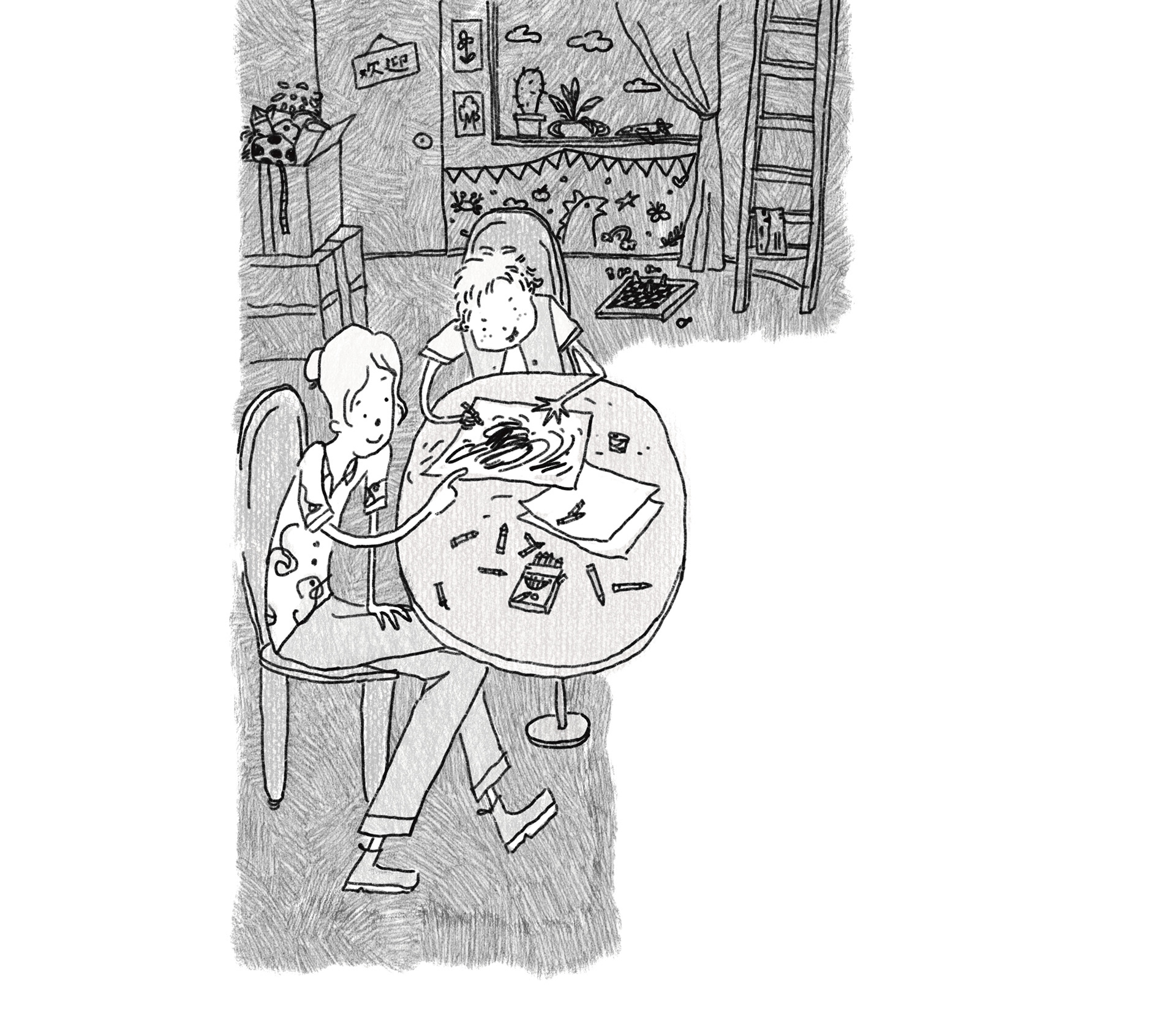 Bradley meets with his new counselor, Cara, and quietly covers a sheet of paper with black, hair-like scribbles.