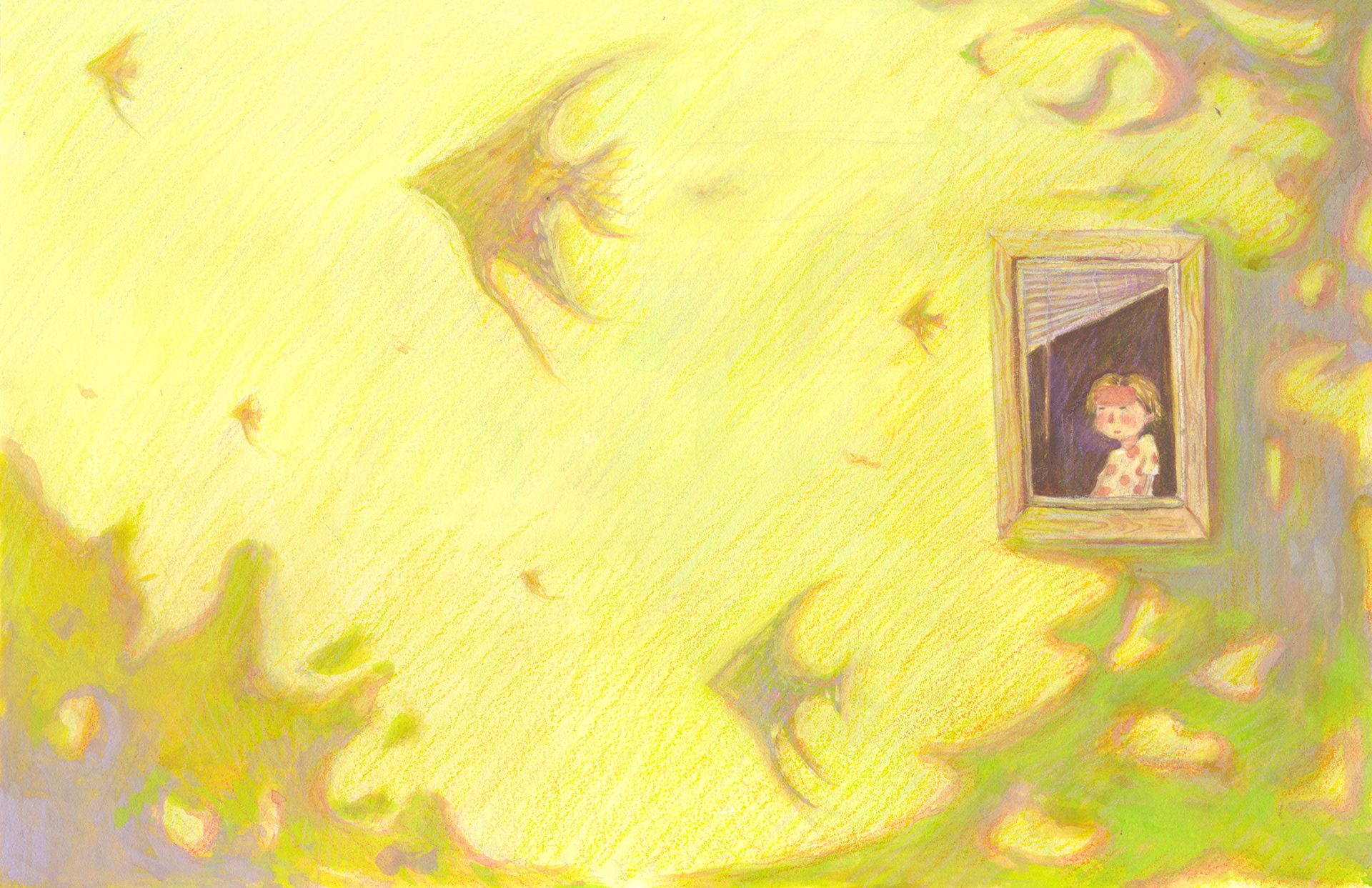 Another Boring Day (gouache, watercolor, pastels, and colored pencils), 2024