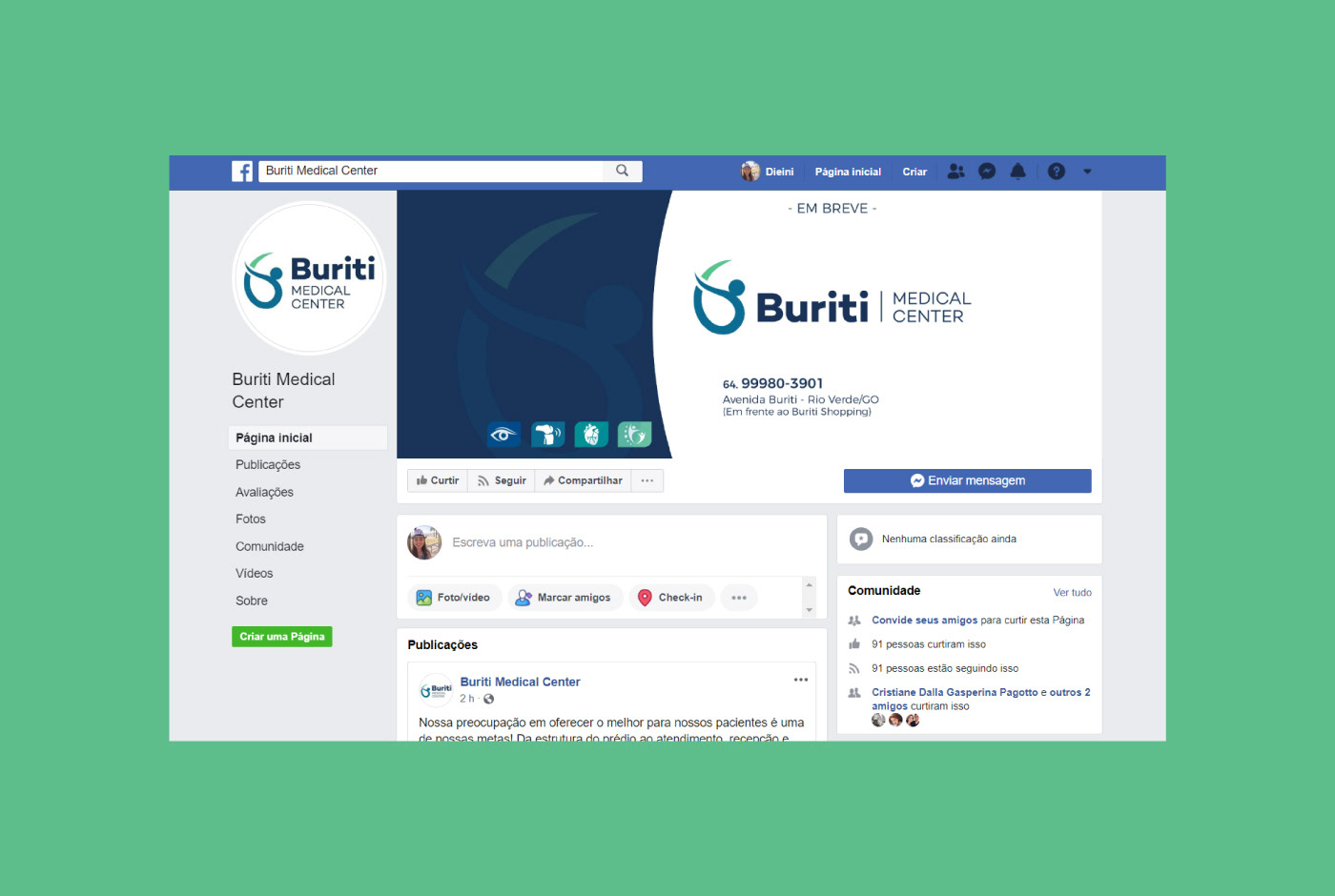 Capa para facebook do Buriti - Medical Center, com logo e informações de contato, nas cores azul, verde e branco.